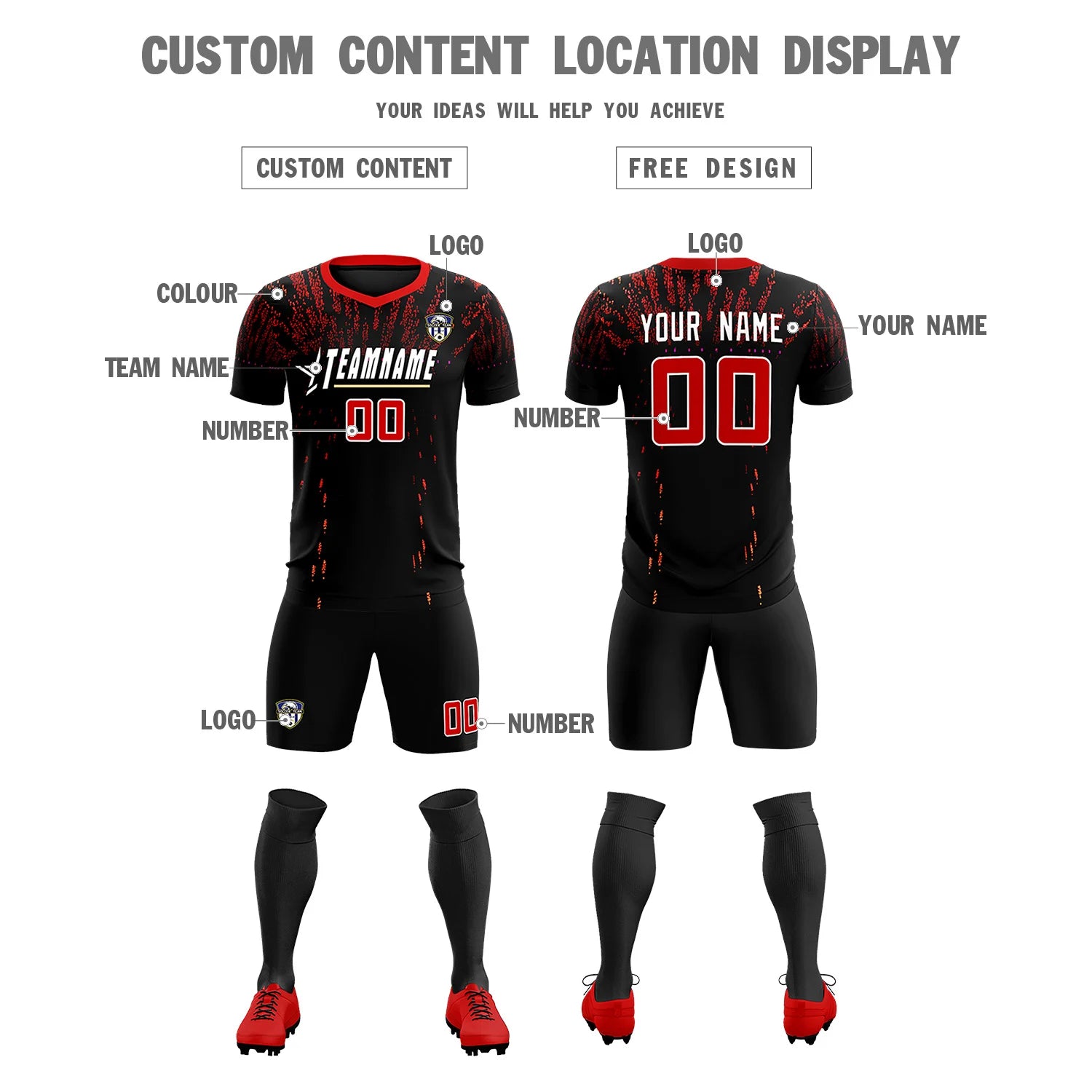 Custom Black Red Fireworks gradient Sport Soccer Sets Jersey