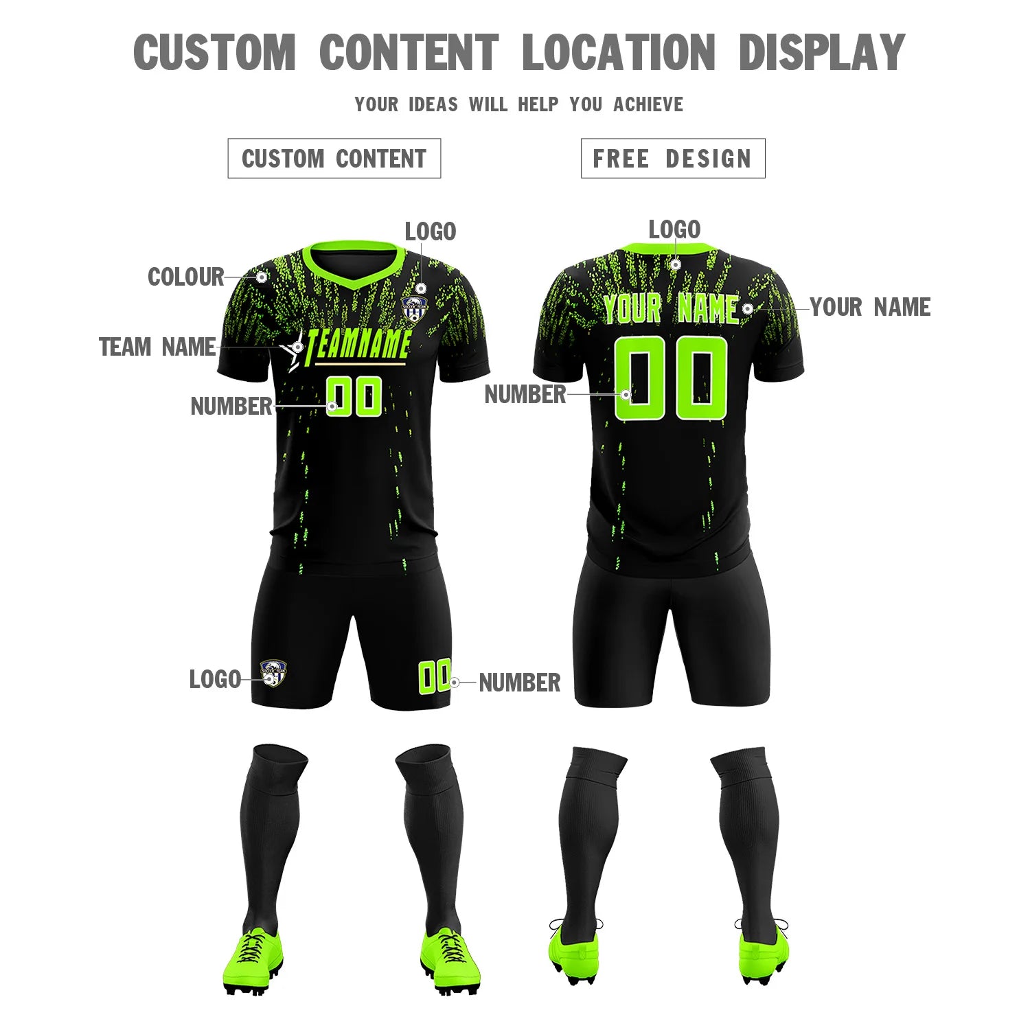 Custom Black Neon Green Fireworks gradient Sport Soccer Sets Jersey