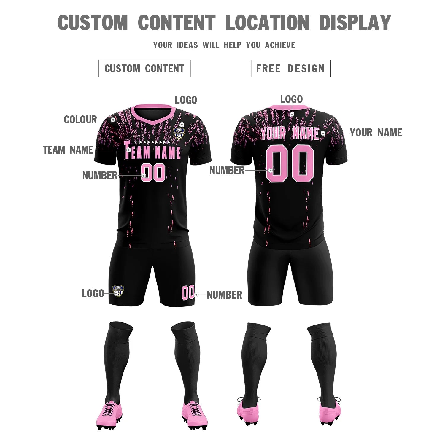 Custom Black Light Pink Fireworks gradient Sport Soccer Sets Jersey