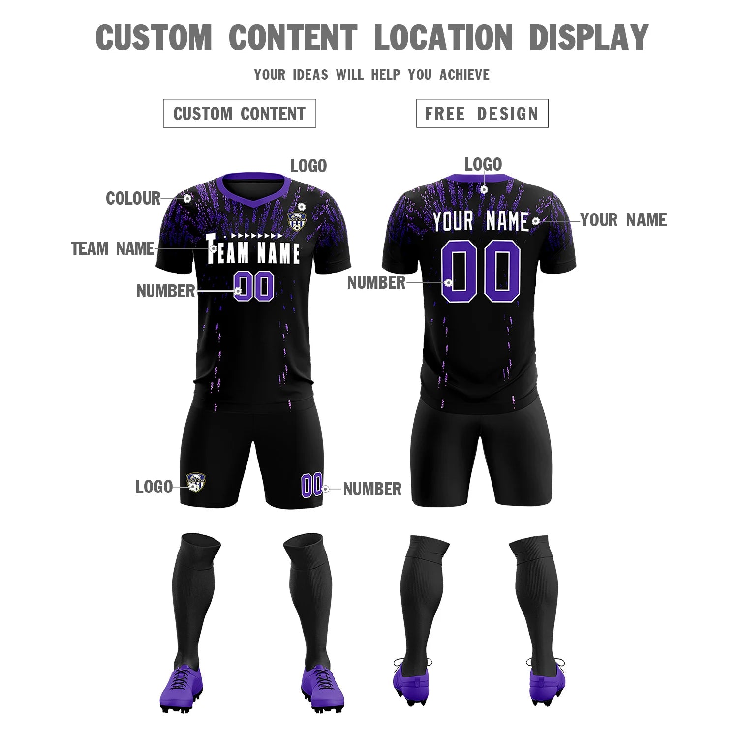 Custom Black Purple Fireworks gradient Sport Soccer Sets Jersey