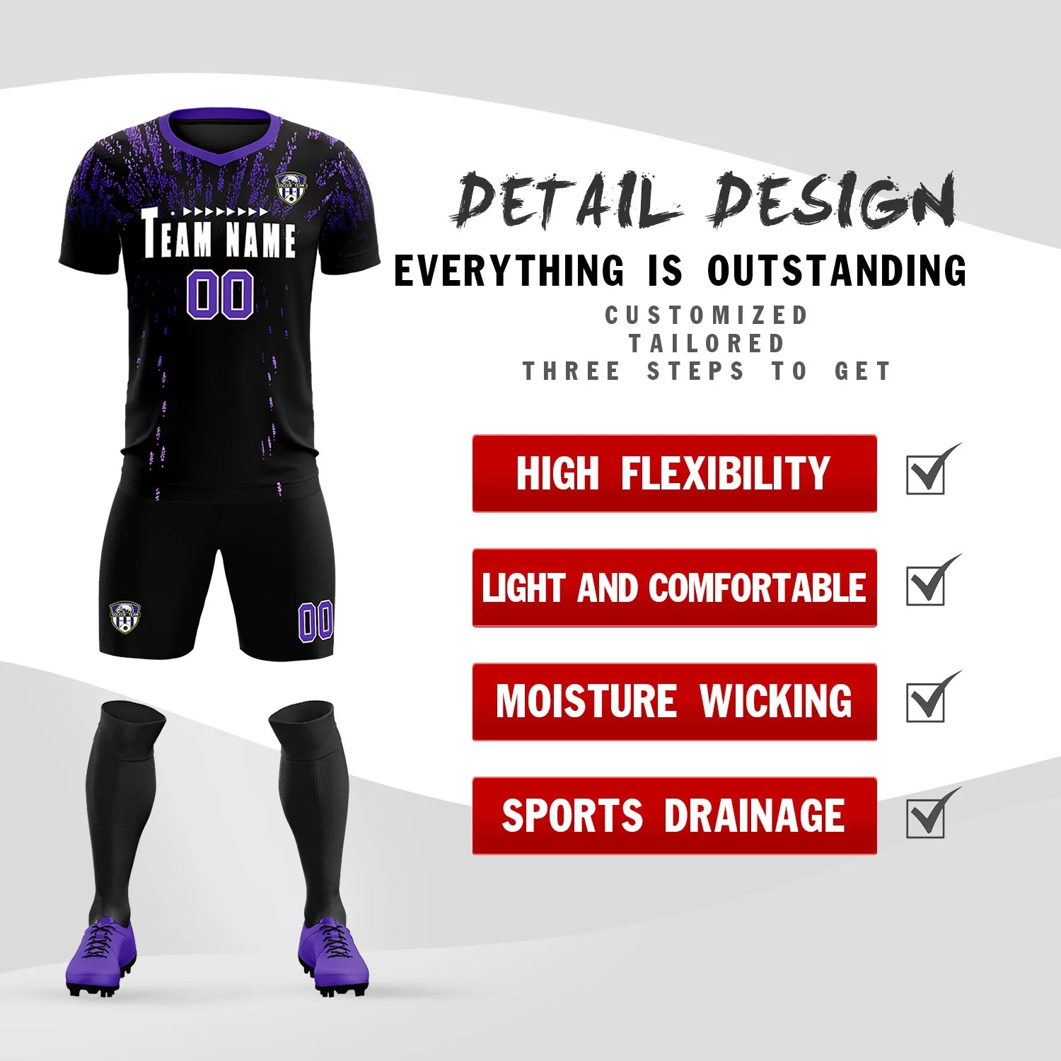 Custom Black Purple Fireworks gradient Sport Soccer Sets Jersey