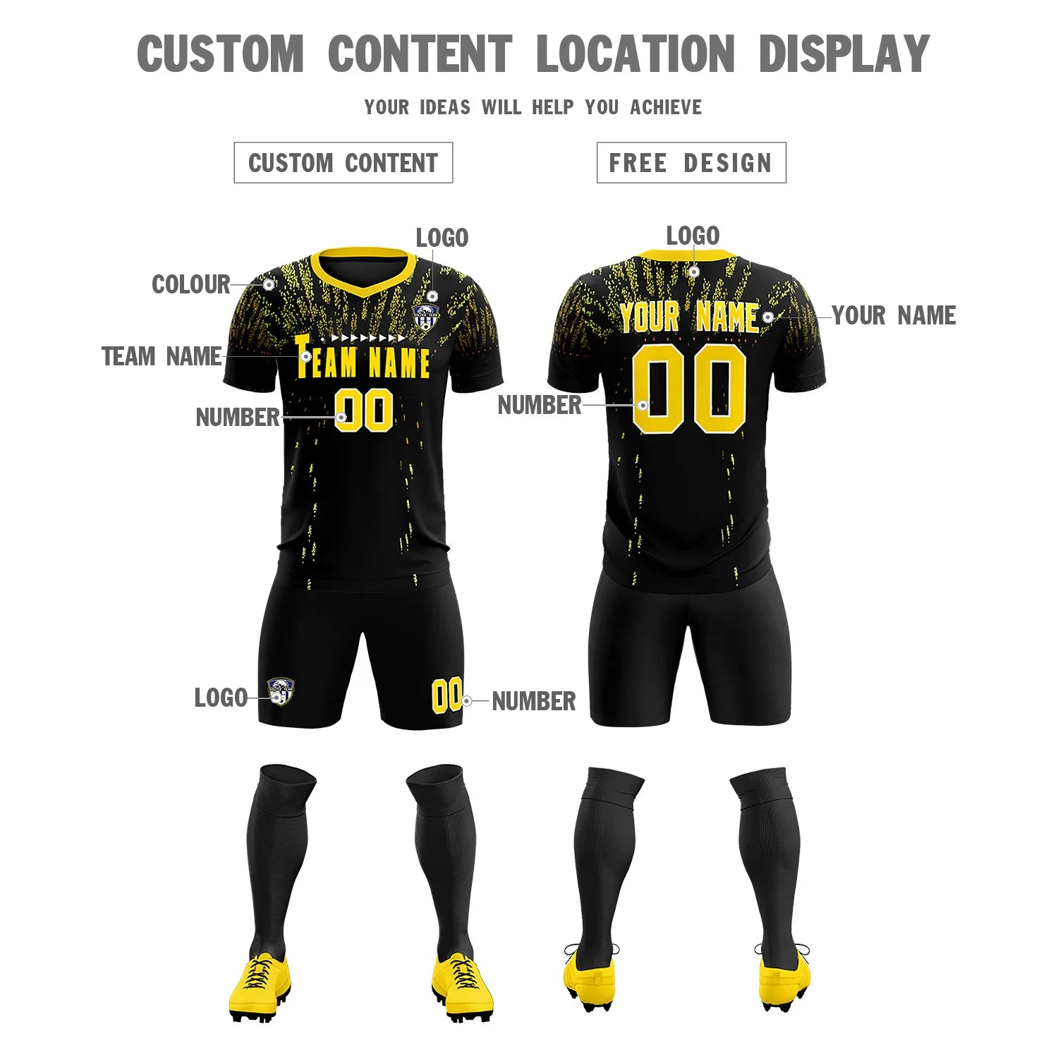 Custom Black Gold Fireworks gradient Sport Soccer Sets Jersey