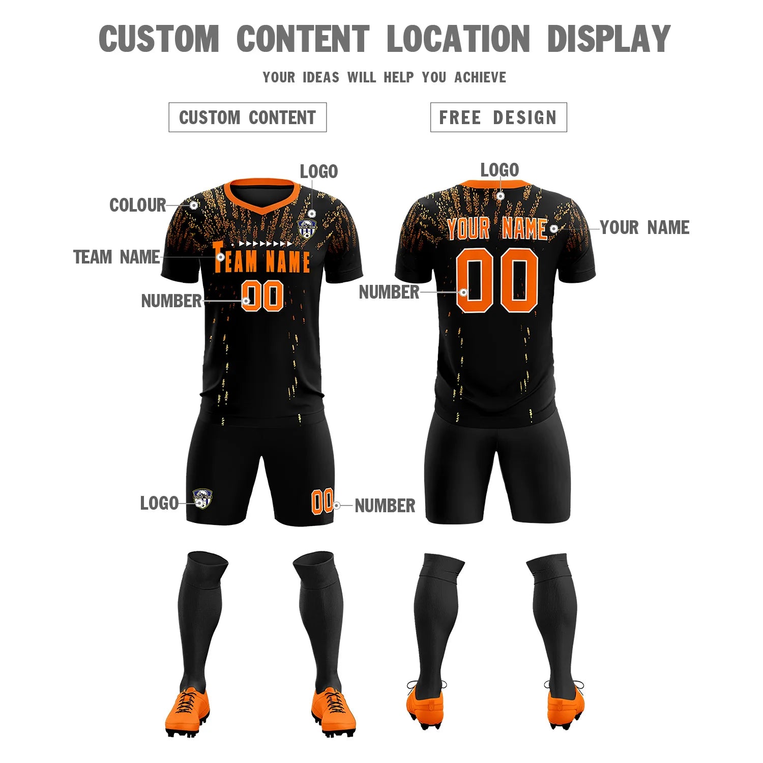 Custom Black Orange Fireworks gradient Sport Soccer Sets Jersey