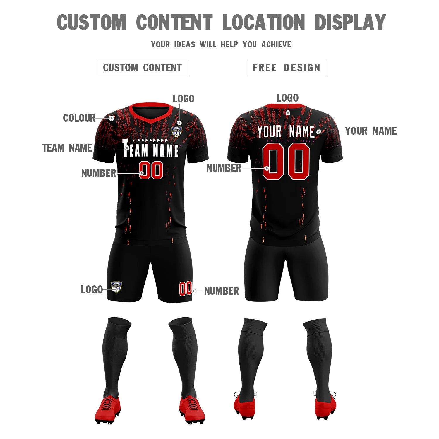 Custom Black Red Fireworks gradient Sport Soccer Sets Jersey