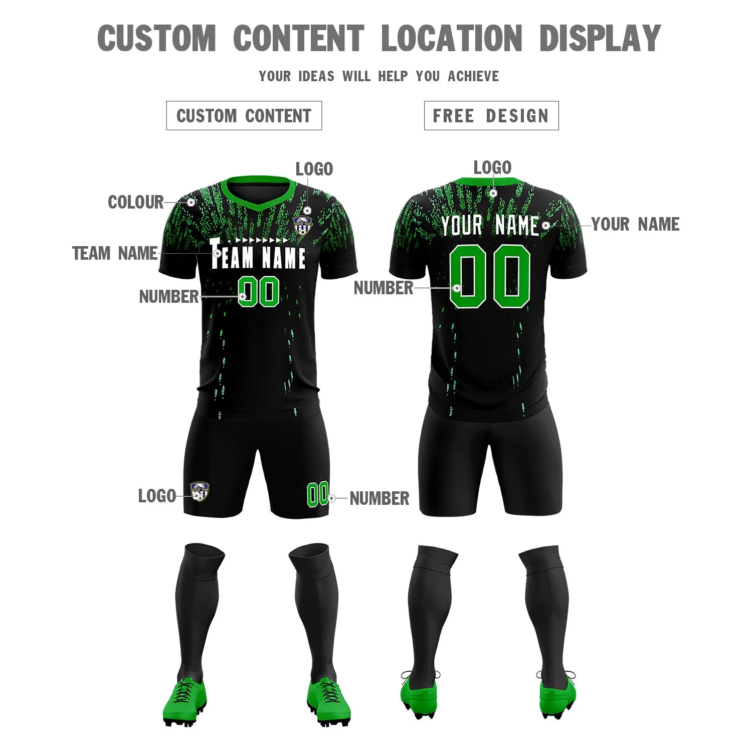 Custom Black Kelly Green Fireworks gradient Sport Soccer Sets Jersey