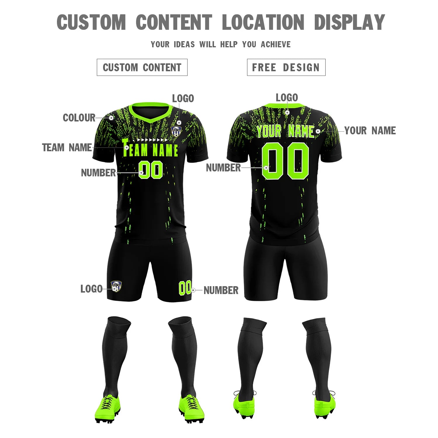 Custom Black Neon Green Fireworks gradient Sport Soccer Sets Jersey