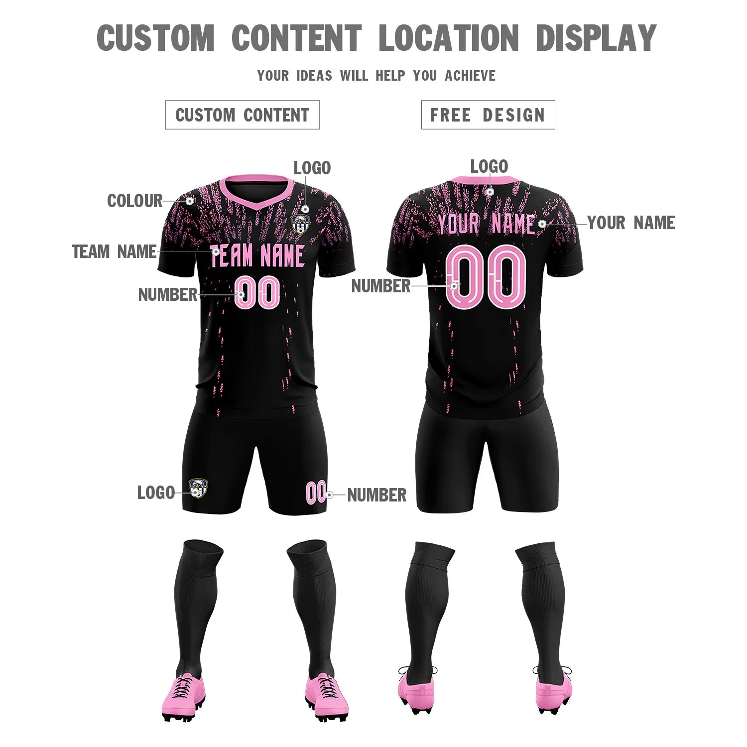 Custom Black Light Pink Fireworks gradient Sport Soccer Sets Jersey