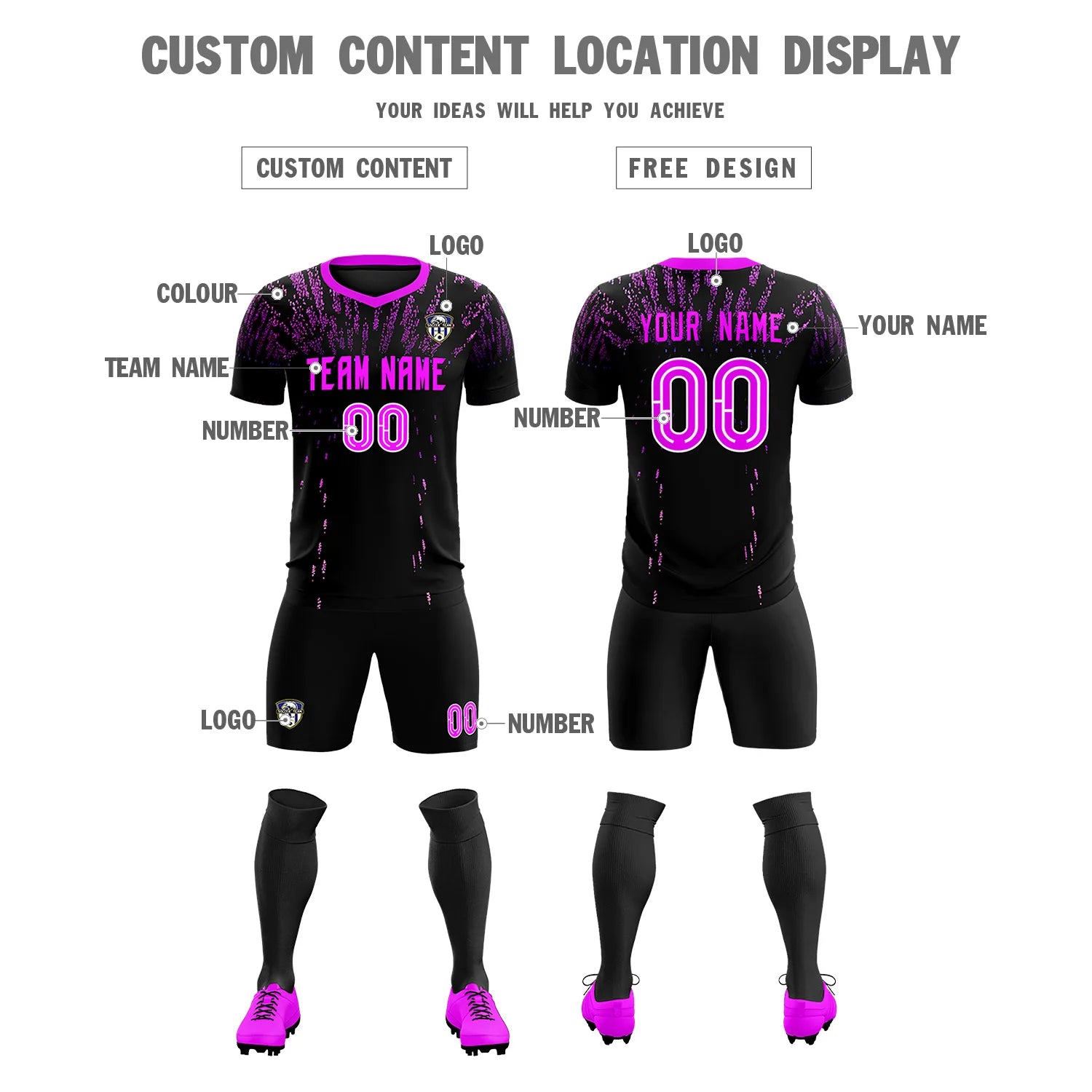 Custom Black Pink Fireworks gradient Sport Soccer Sets Jersey