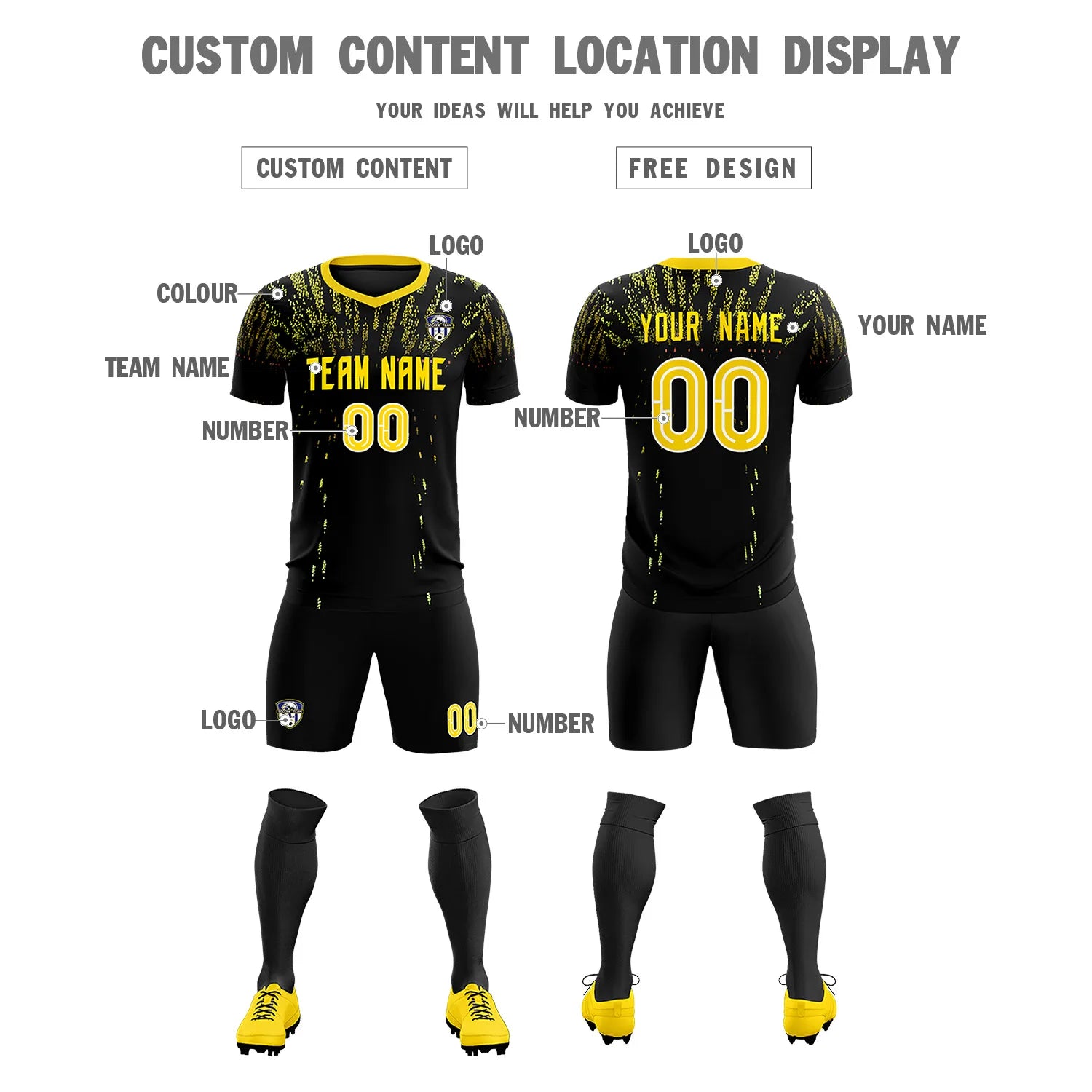 Custom Black Gold Fireworks gradient Sport Soccer Sets Jersey