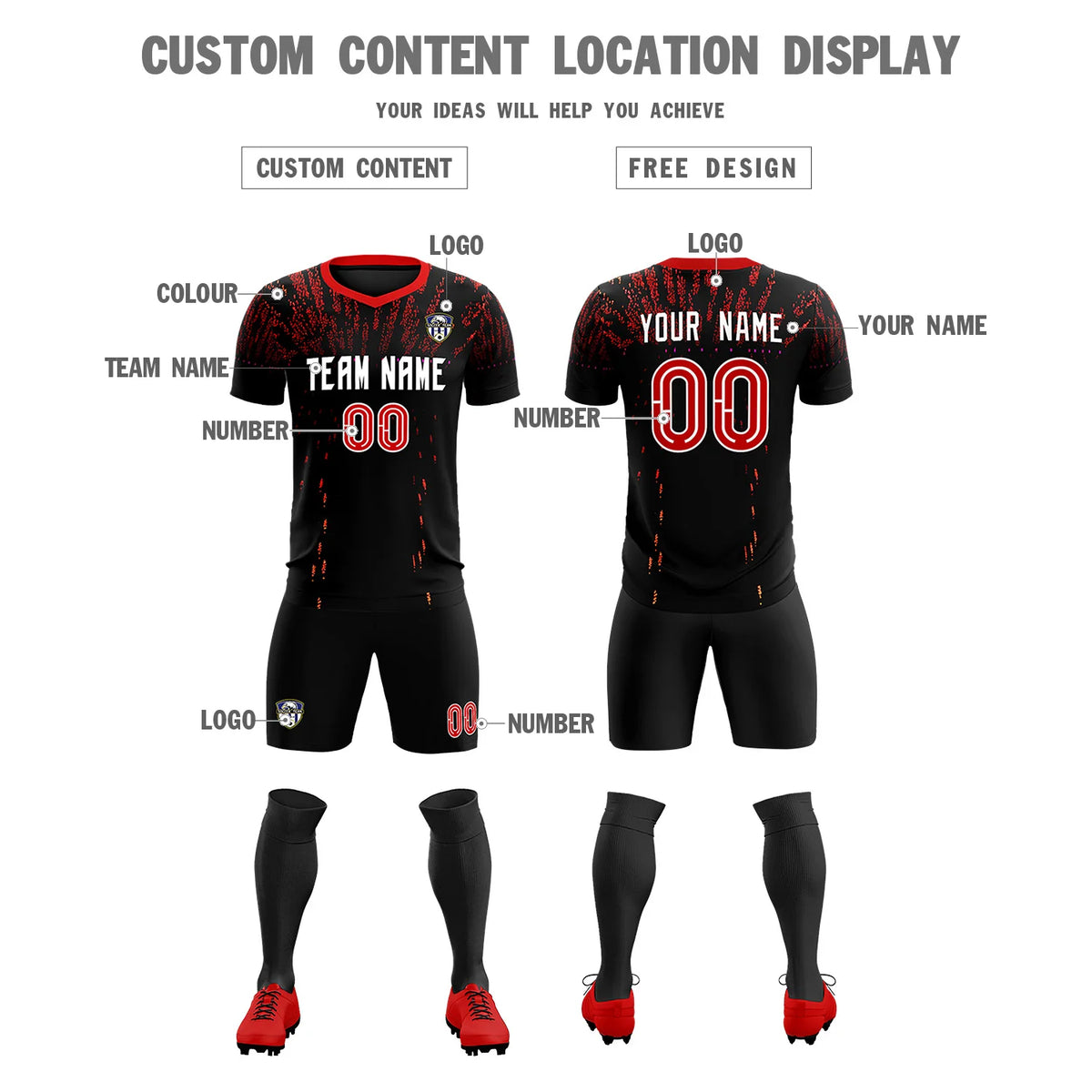Custom Black Red Fireworks gradient Sport Soccer Sets Jersey