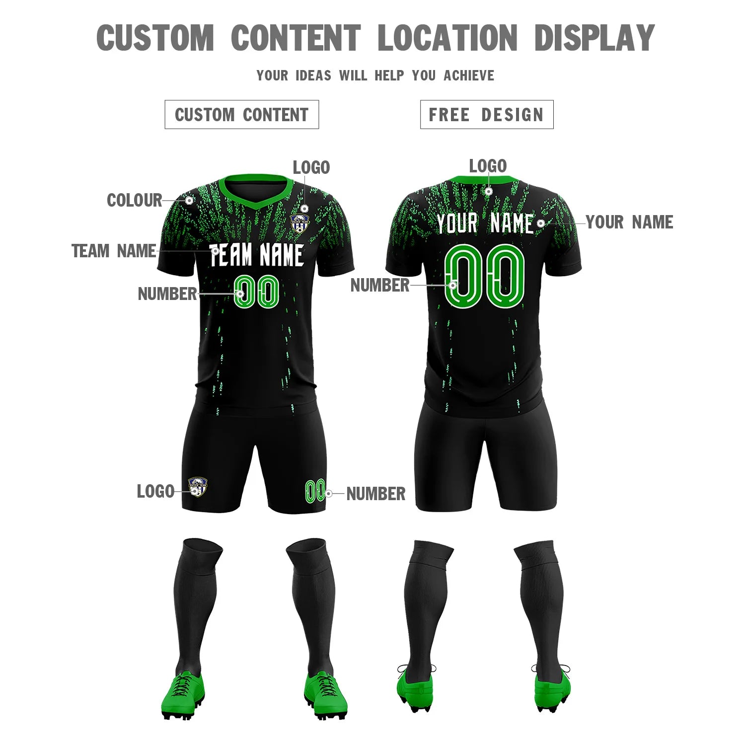 Custom Black Kelly Green Fireworks gradient Sport Soccer Sets Jersey