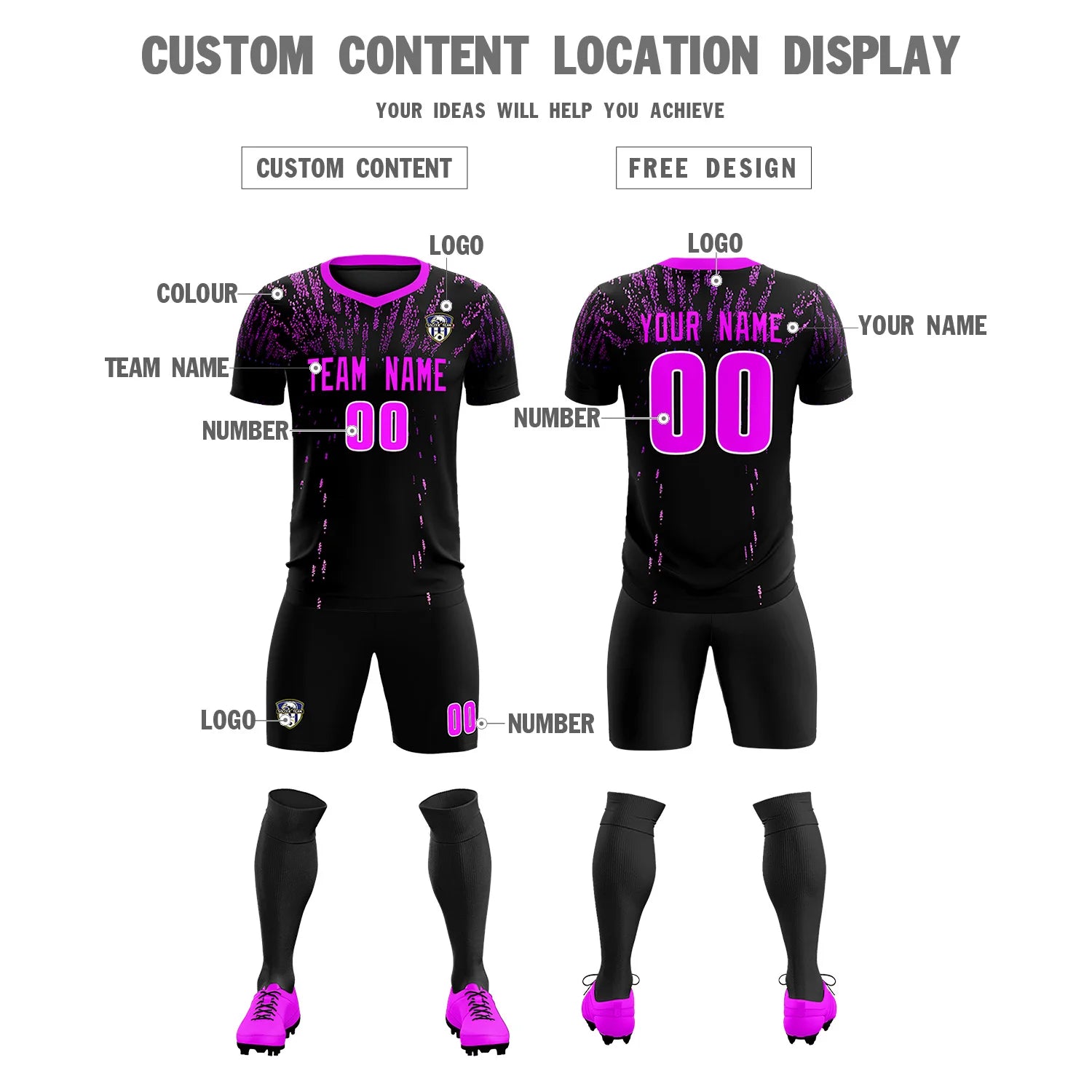 Custom Black Pink Fireworks gradient Sport Soccer Sets Jersey