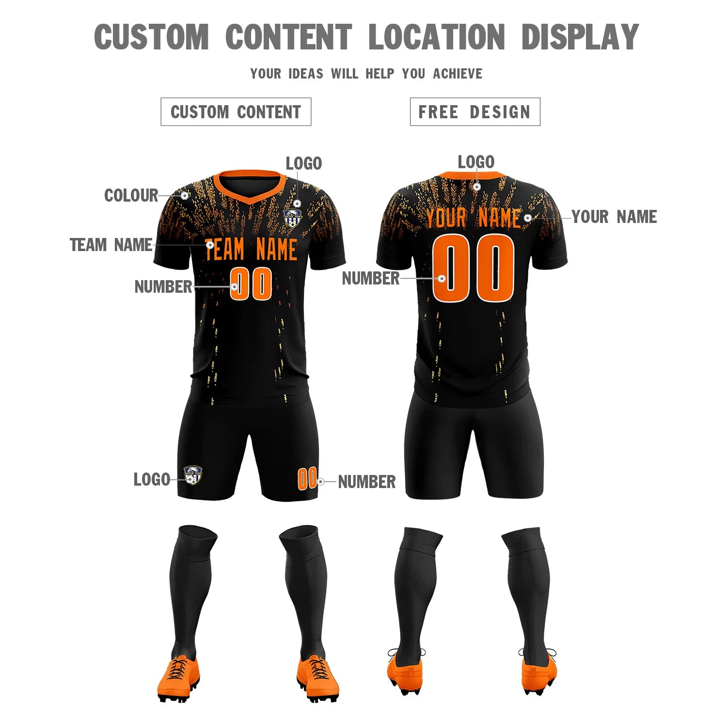 Custom Black Orange Fireworks gradient Sport Soccer Sets Jersey