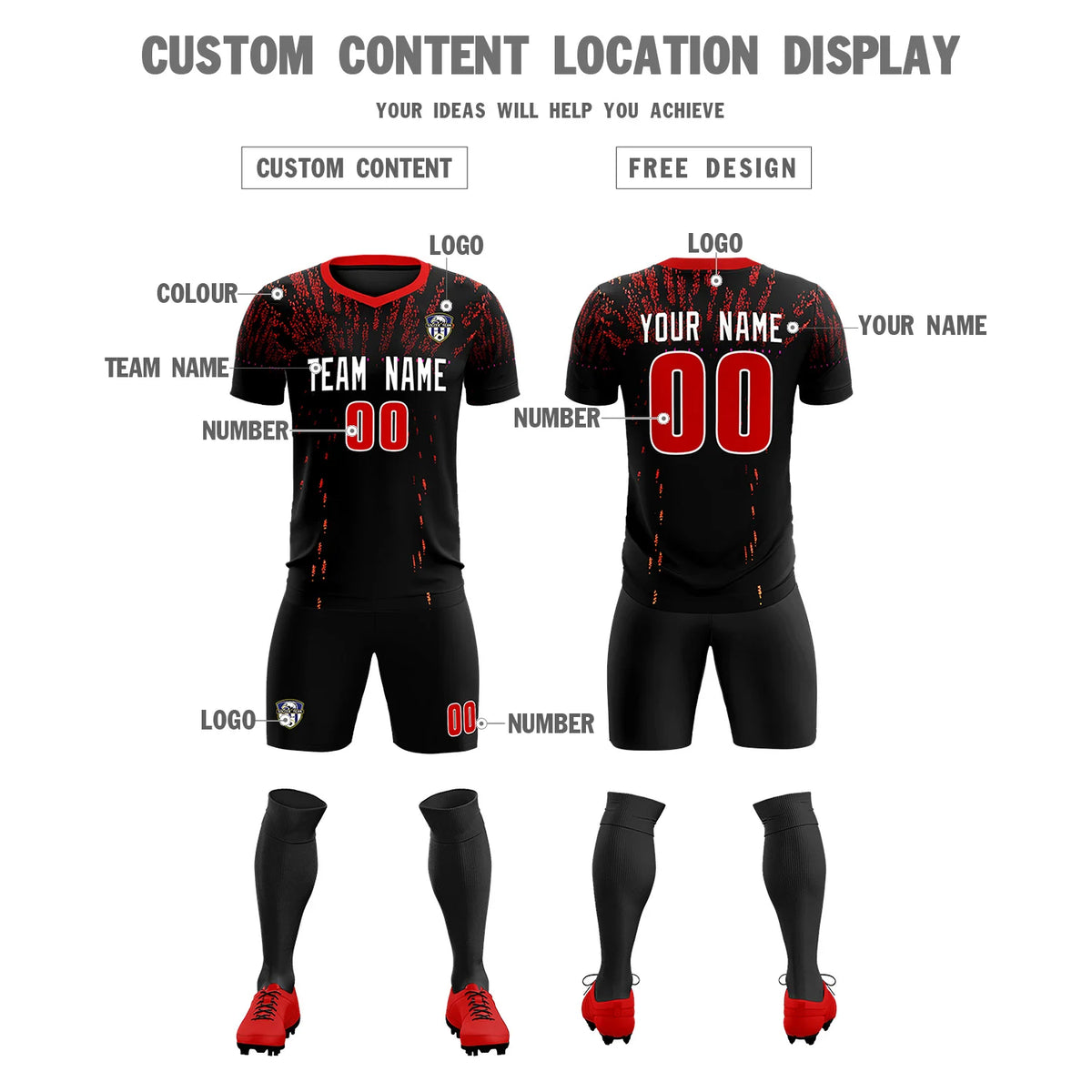 Custom Black Red Fireworks gradient Sport Soccer Sets Jersey