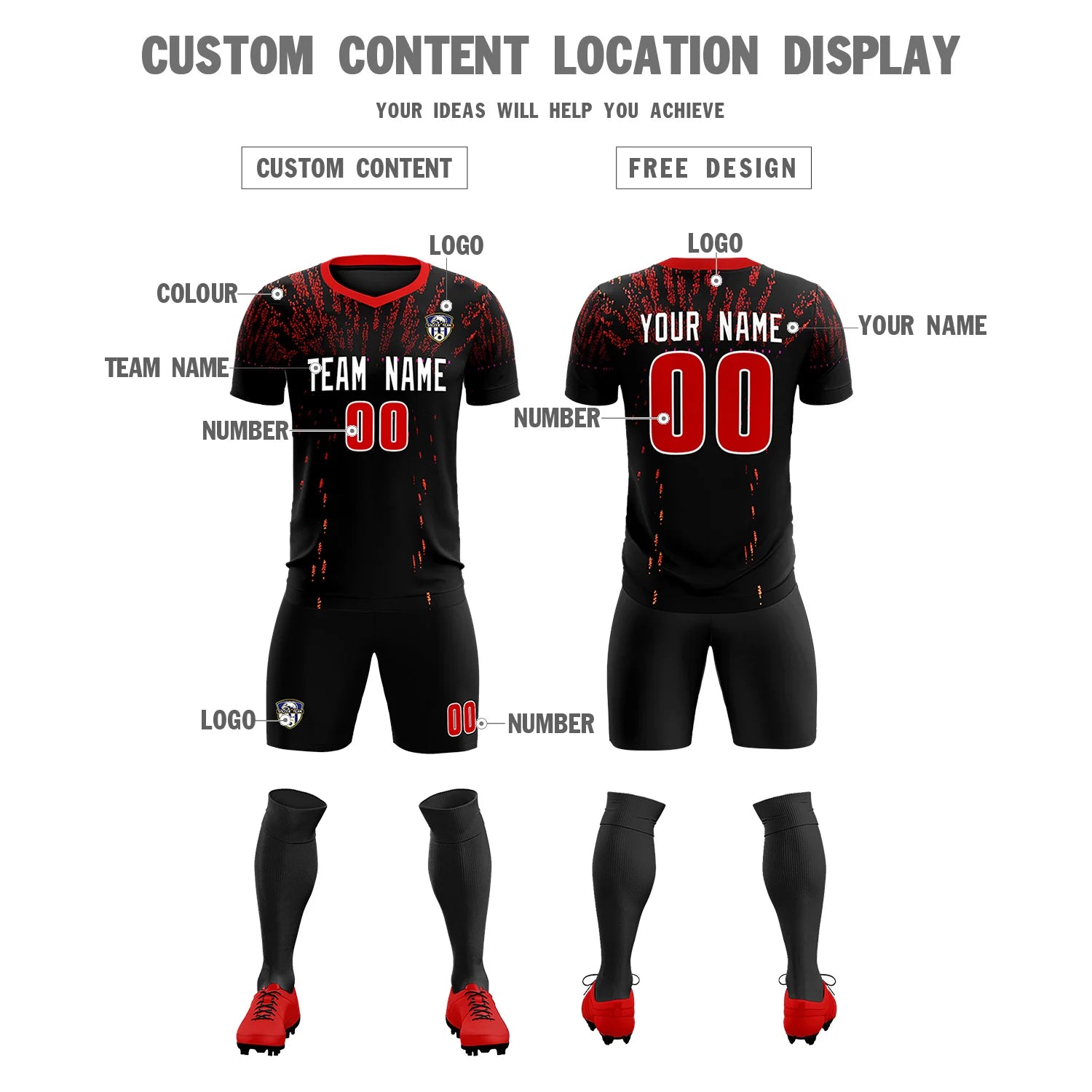 Custom Black Red Fireworks gradient Sport Soccer Sets Jersey