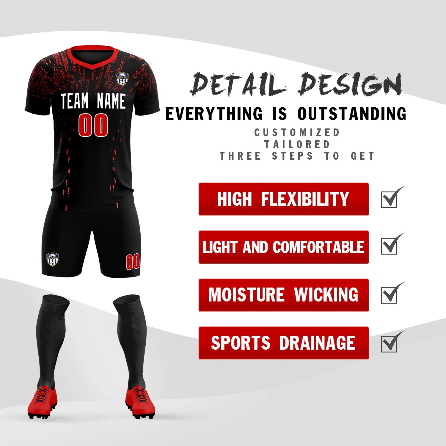 Custom Black Red Fireworks gradient Sport Soccer Sets Jersey