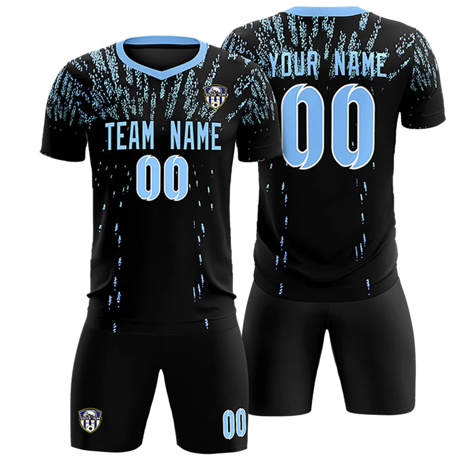 Custom Black Light Blue Fireworks gradient Sport Soccer Sets Jersey