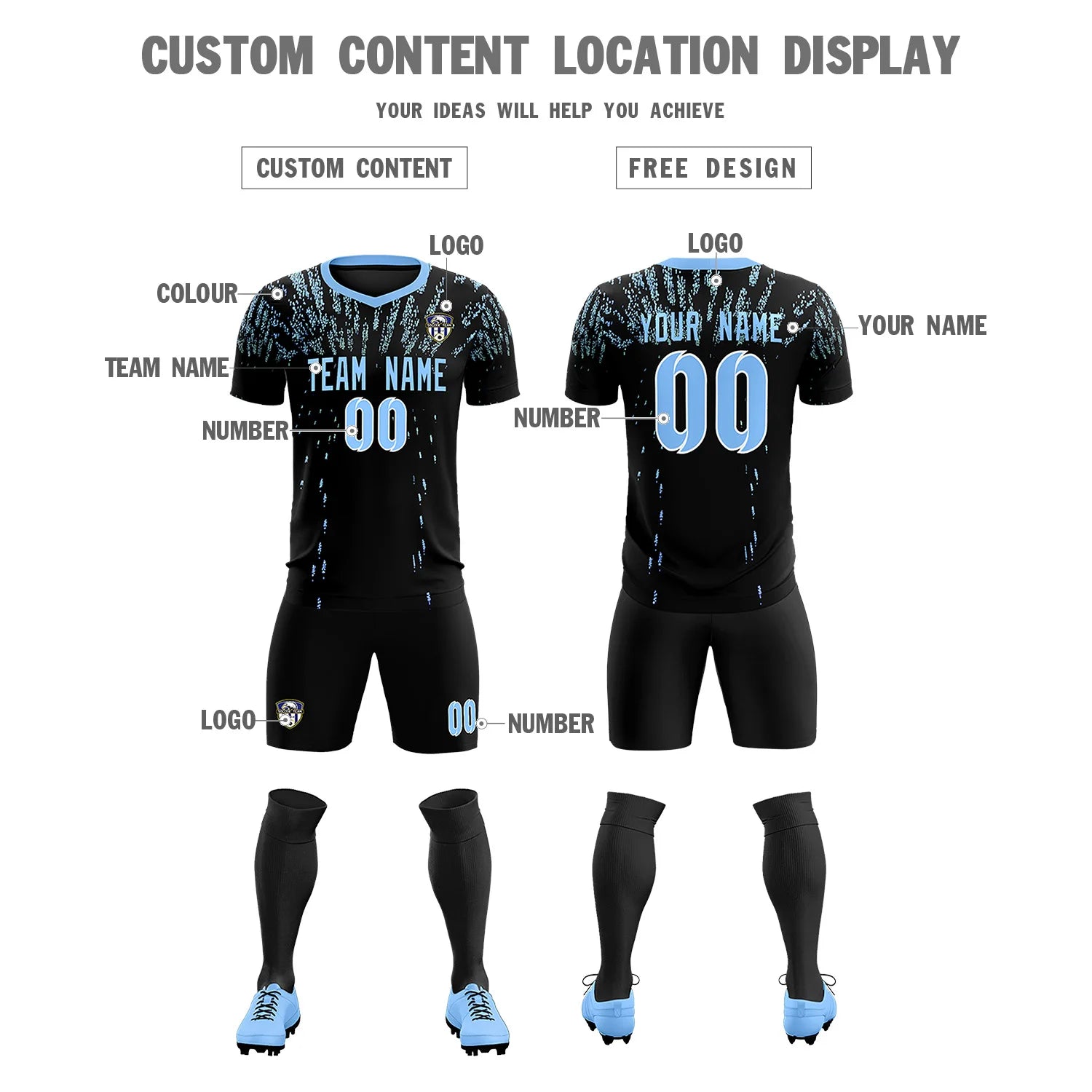 Custom Black Light Blue Fireworks gradient Sport Soccer Sets Jersey