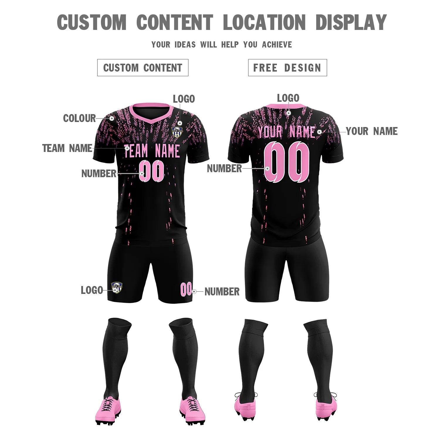 Custom Black Light Pink Fireworks gradient Sport Soccer Sets Jersey