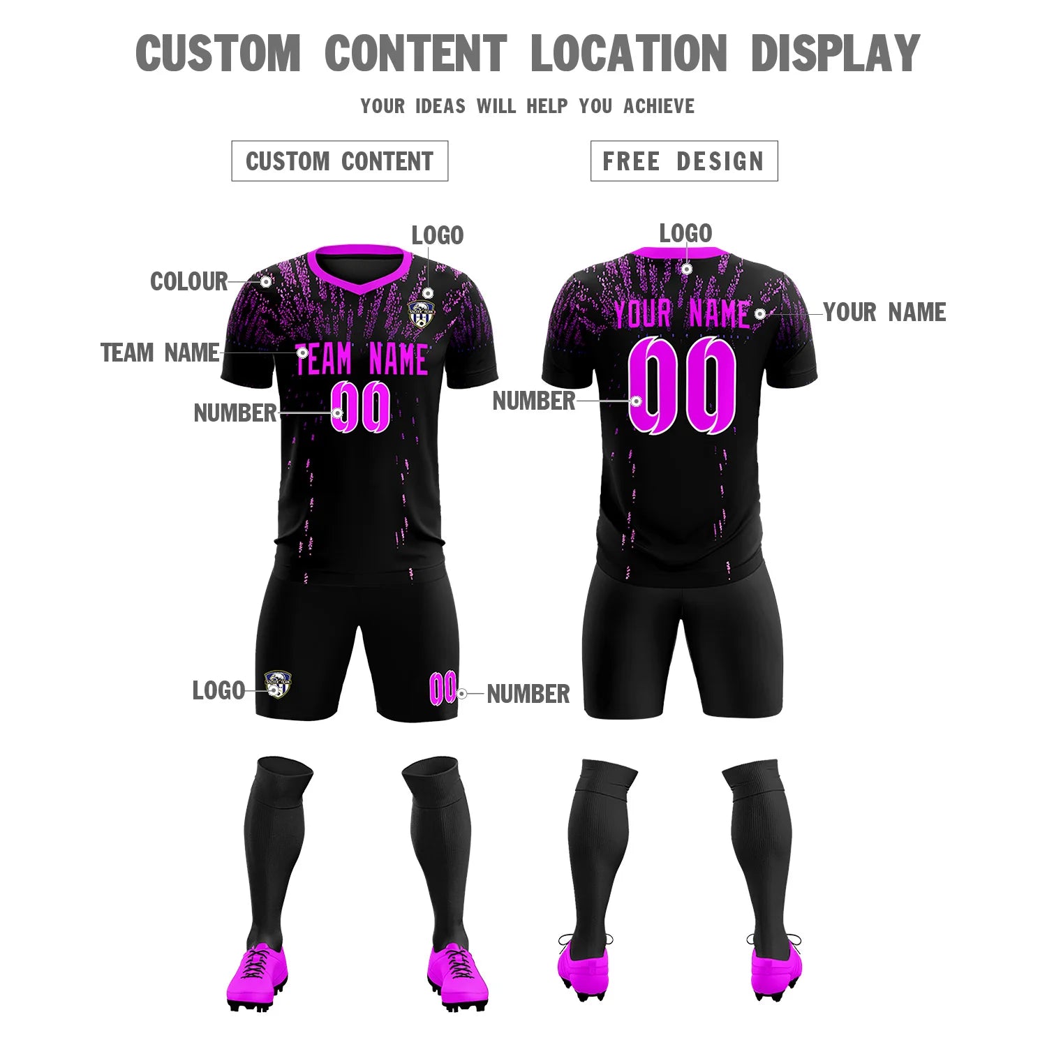 Custom Black Pink Fireworks gradient Sport Soccer Sets Jersey