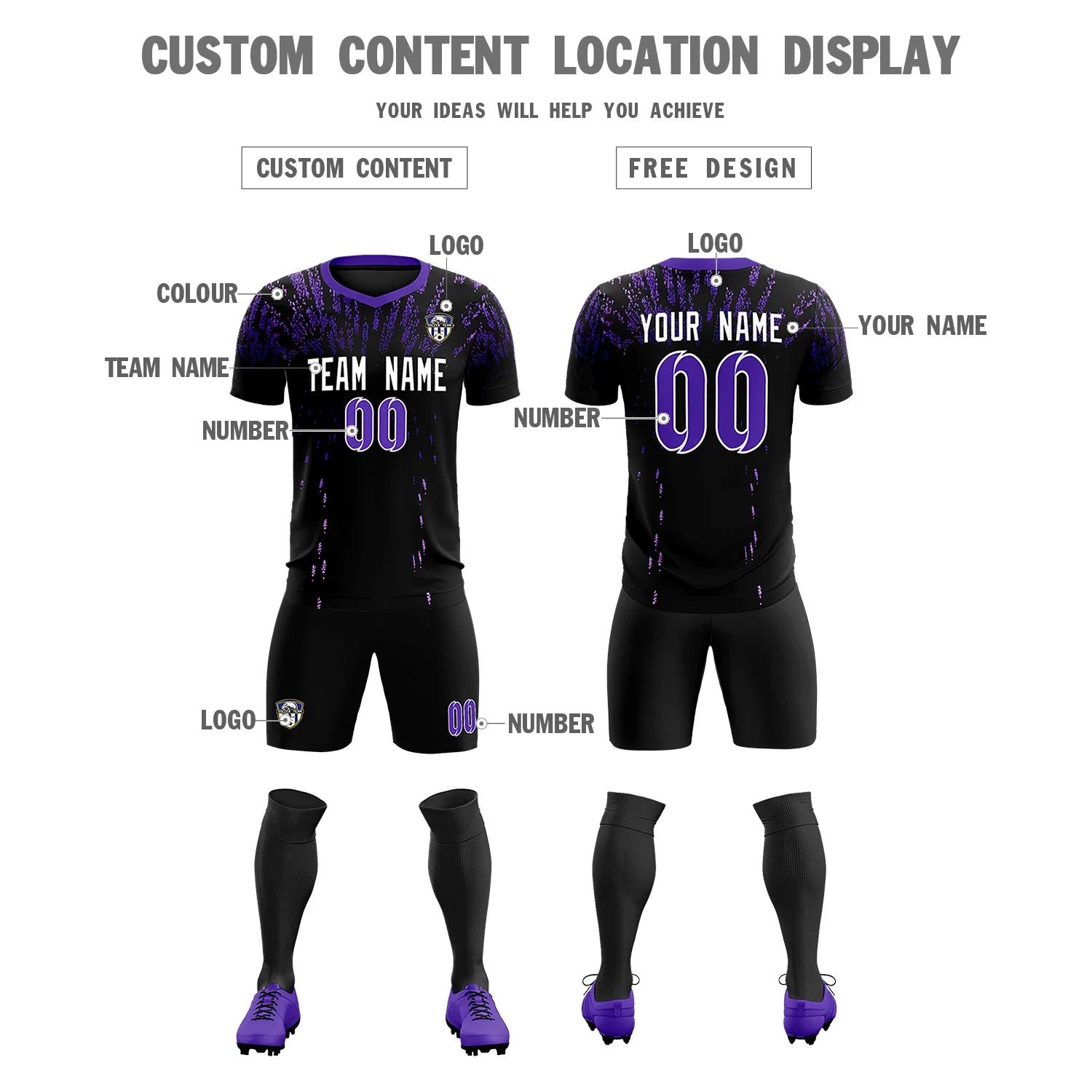 Custom Black Purple Fireworks gradient Sport Soccer Sets Jersey