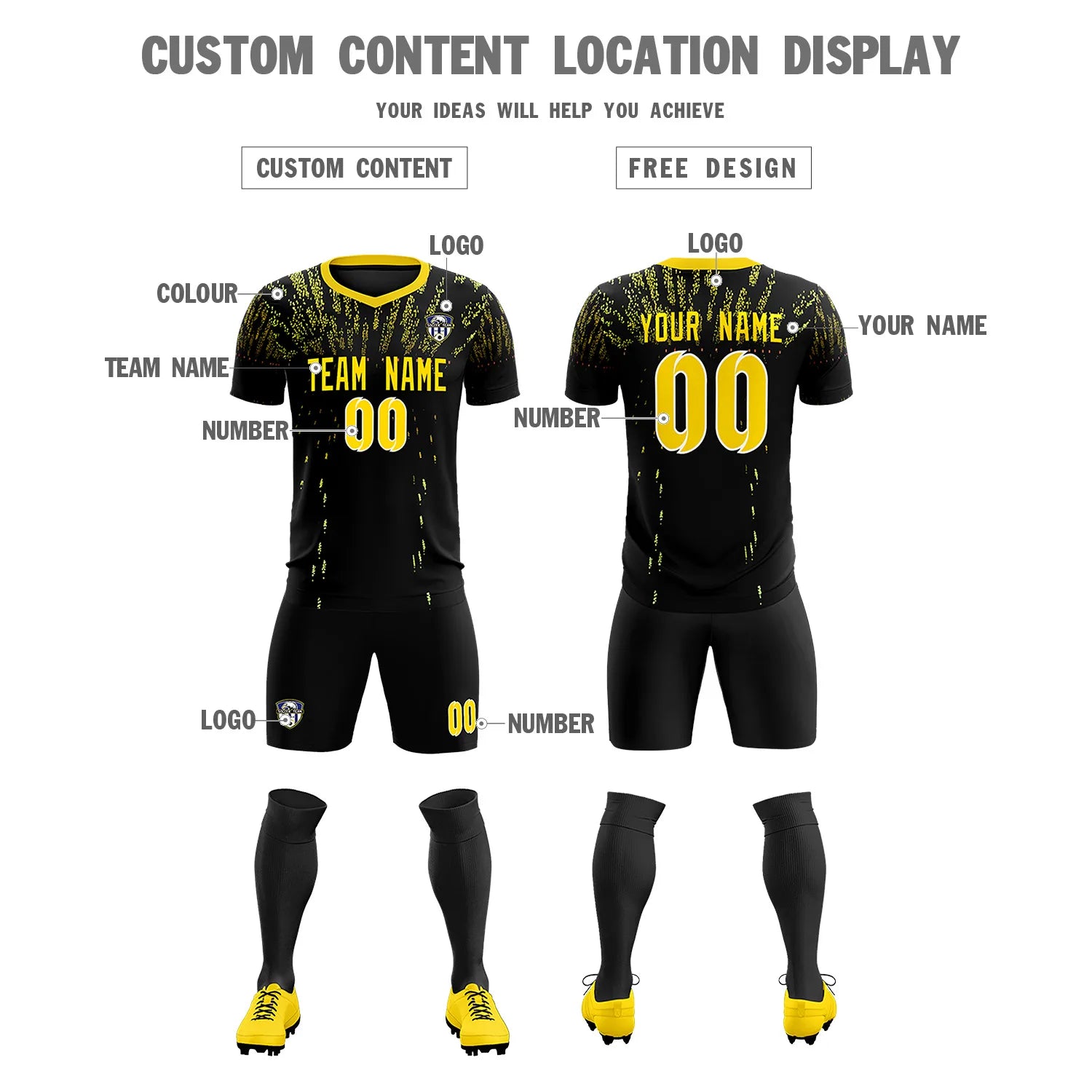 Custom Black Gold Fireworks gradient Sport Soccer Sets Jersey