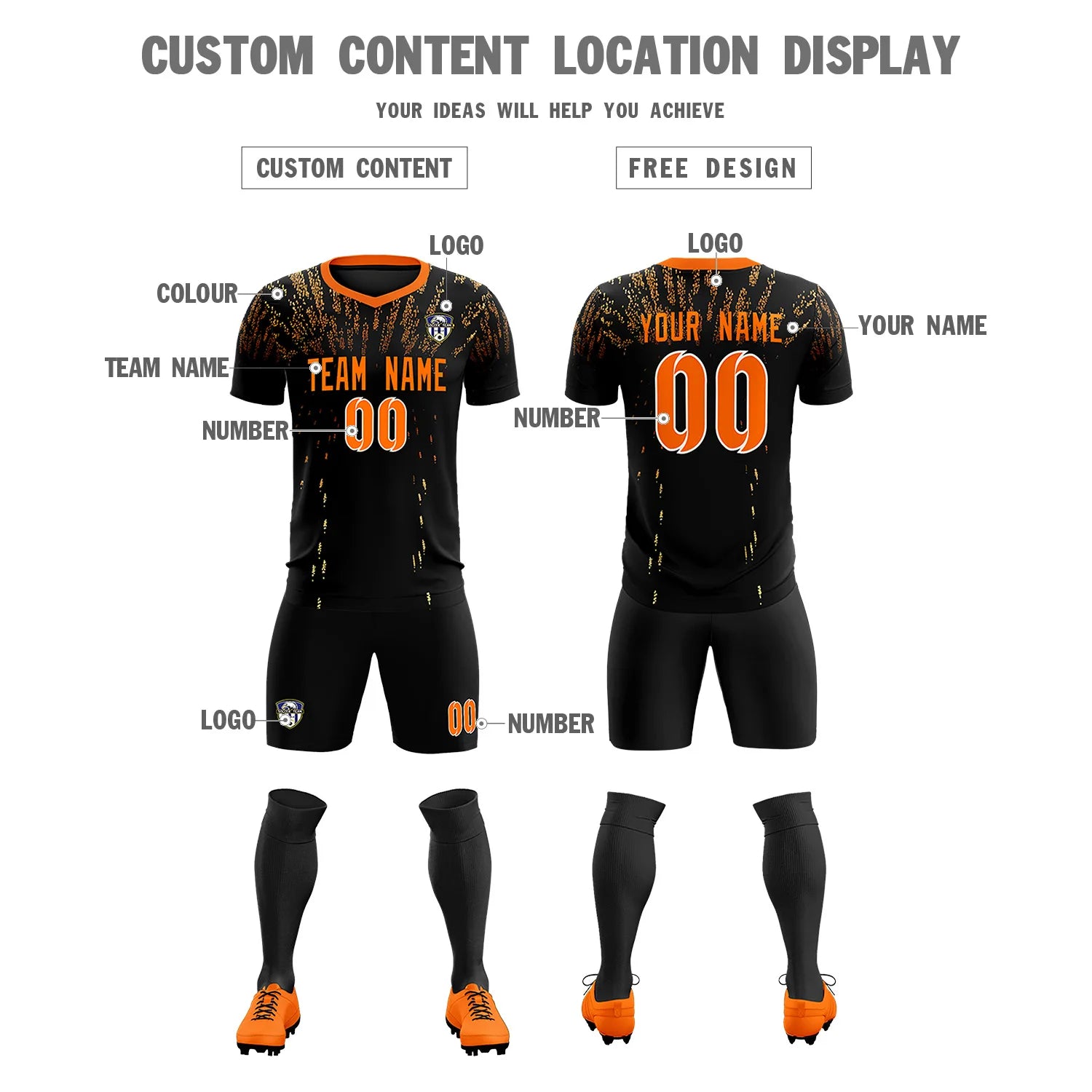 Custom Black Orange Fireworks gradient Sport Soccer Sets Jersey