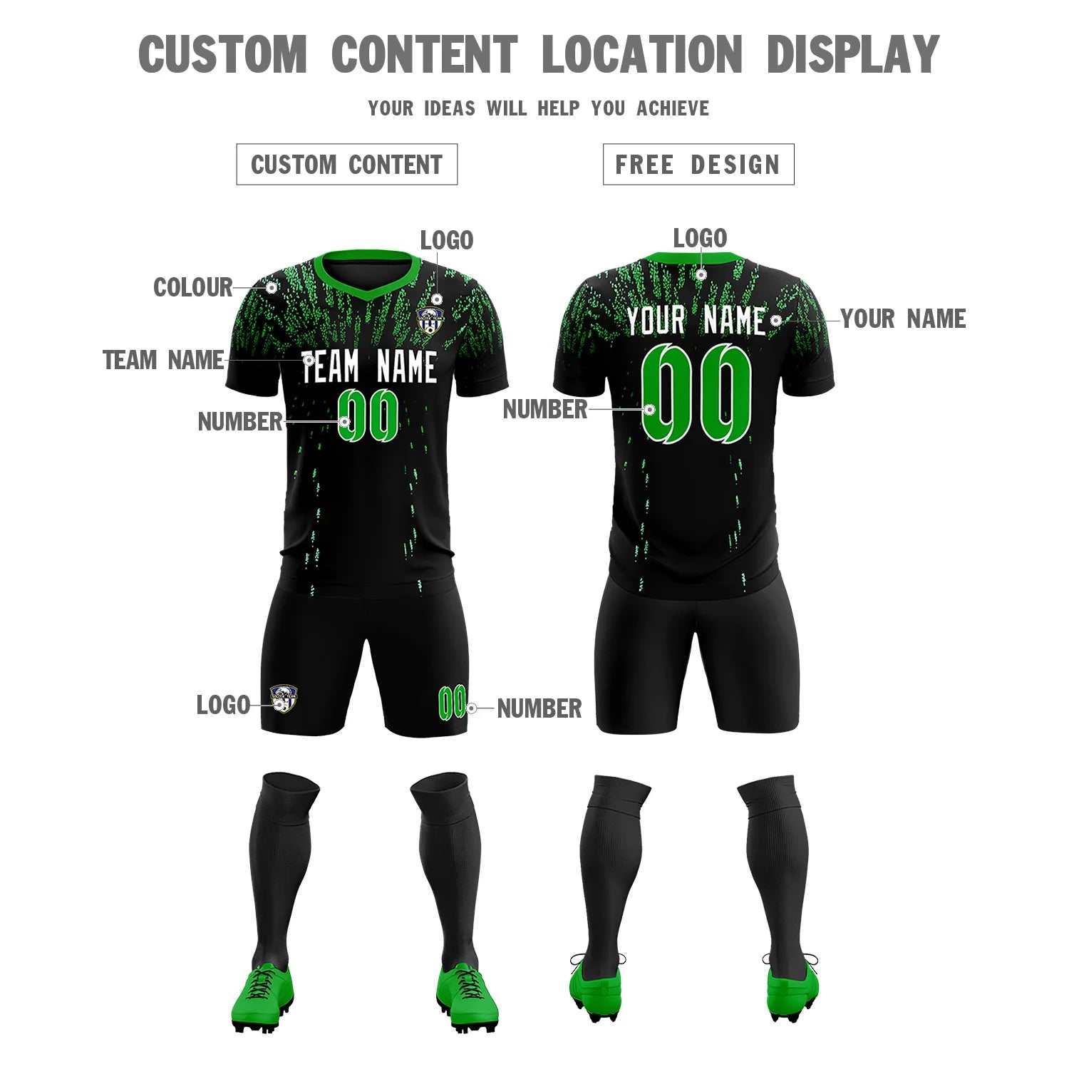 Custom Black Kelly Green Fireworks gradient Sport Soccer Sets Jersey