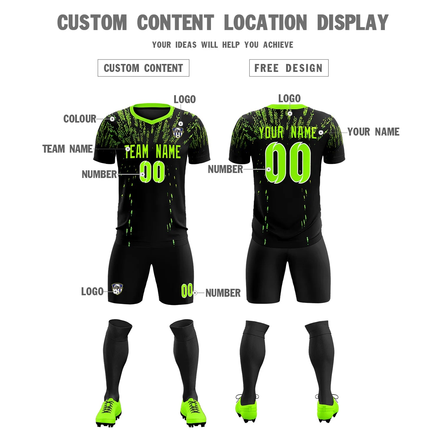 Custom Black Neon Green Fireworks gradient Sport Soccer Sets Jersey