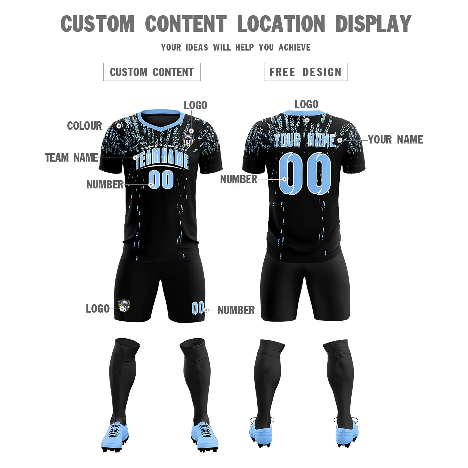 Custom Black Light Blue Fireworks gradient Sport Soccer Sets Jersey