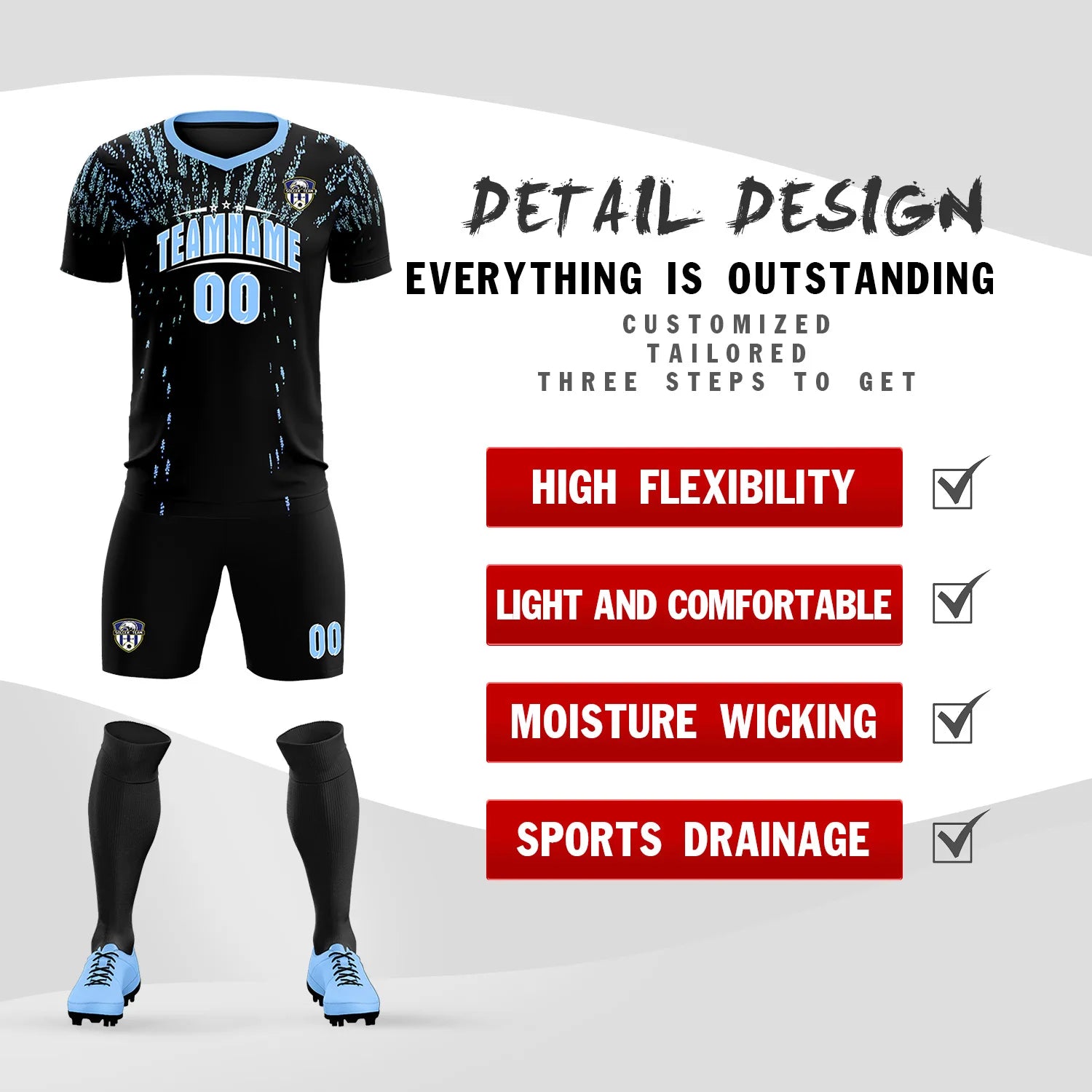 Custom Black Light Blue Fireworks gradient Sport Soccer Sets Jersey