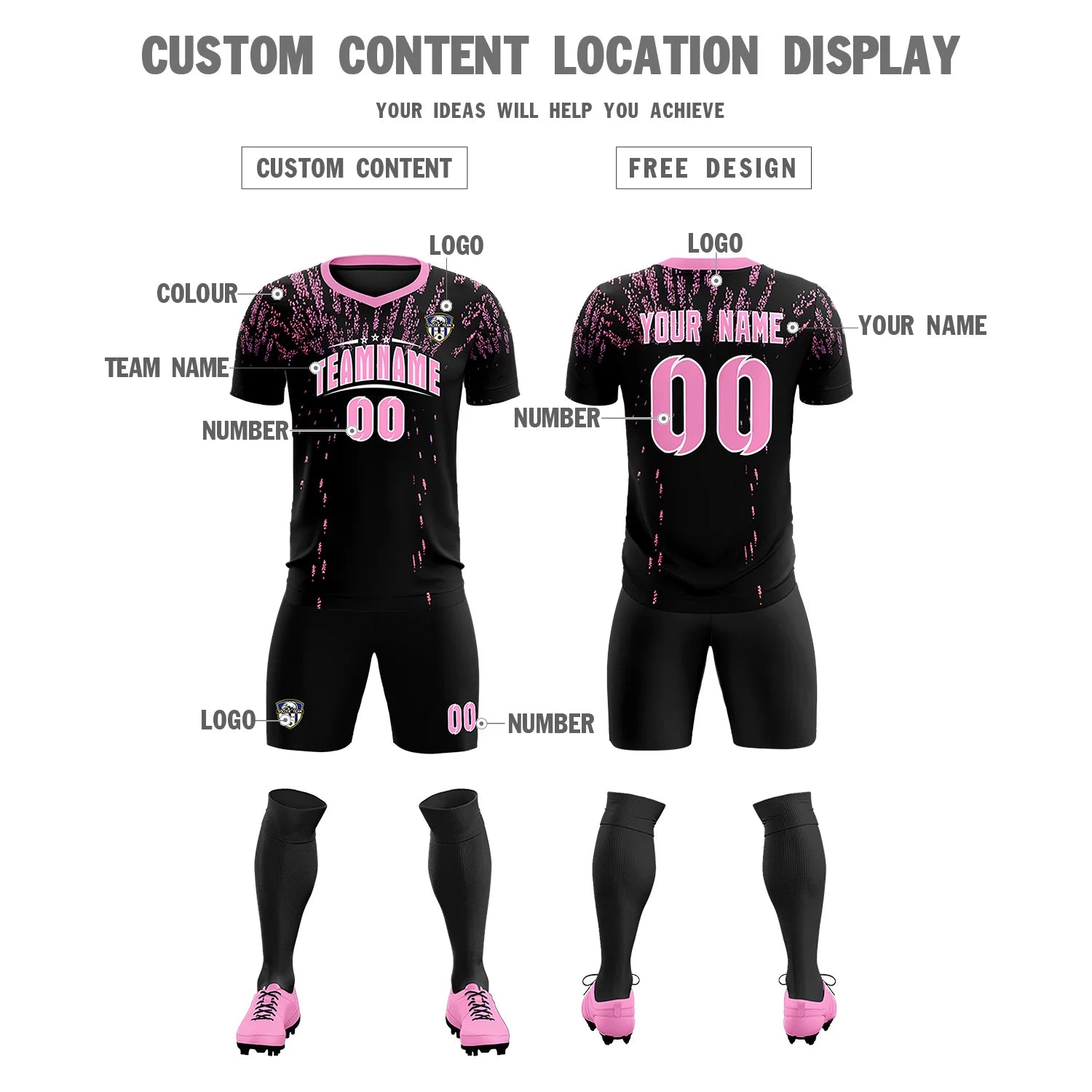 Custom Black Light Pink Fireworks gradient Sport Soccer Sets Jersey