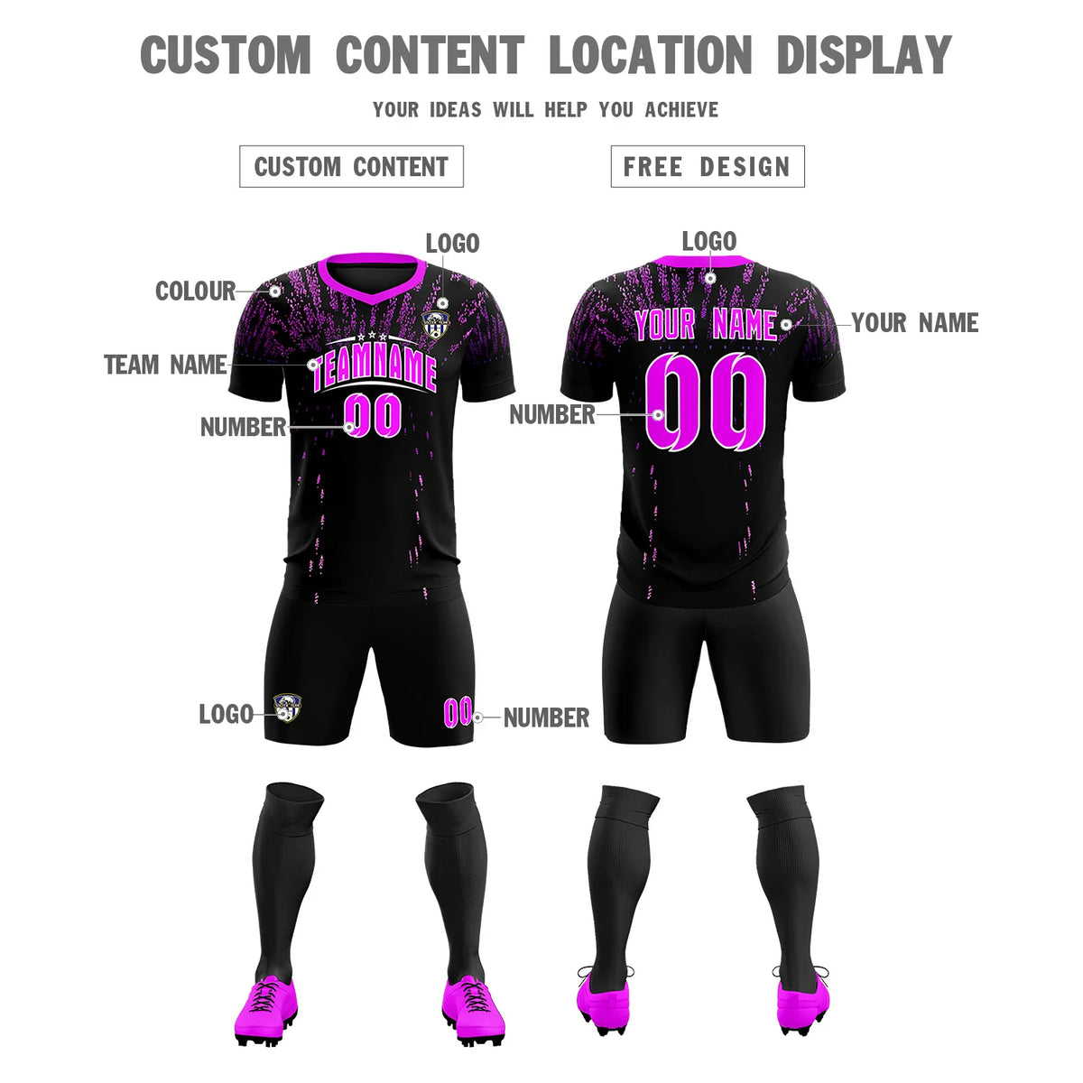 Custom Black Pink Fireworks gradient Sport Soccer Sets Jersey