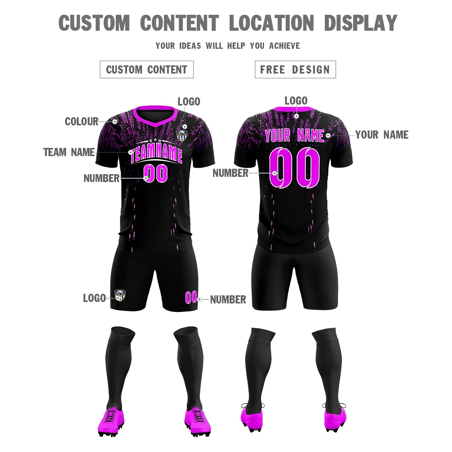 Custom Black Pink Fireworks gradient Sport Soccer Sets Jersey