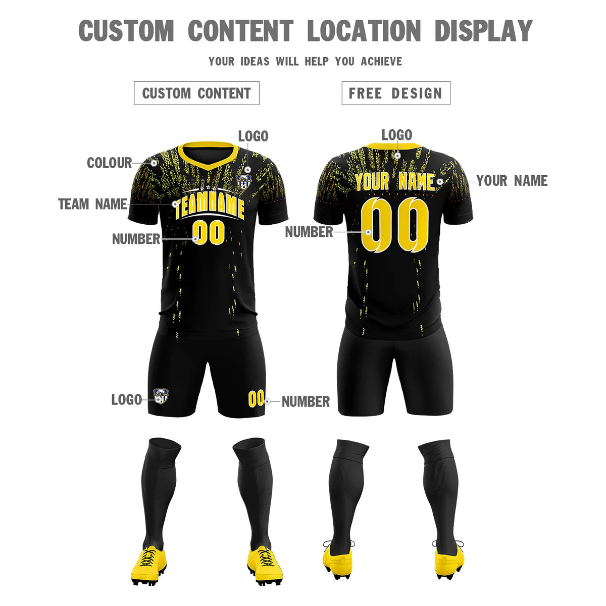 Custom Black Gold Fireworks gradient Sport Soccer Sets Jersey