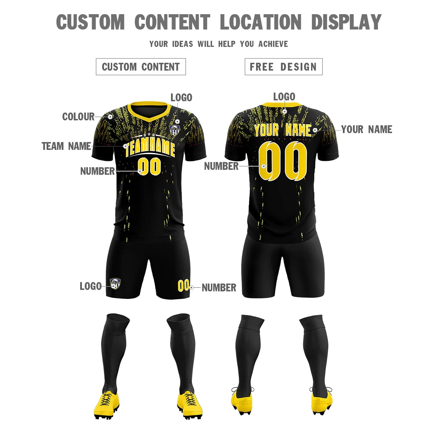 Custom Black Gold Fireworks gradient Sport Soccer Sets Jersey