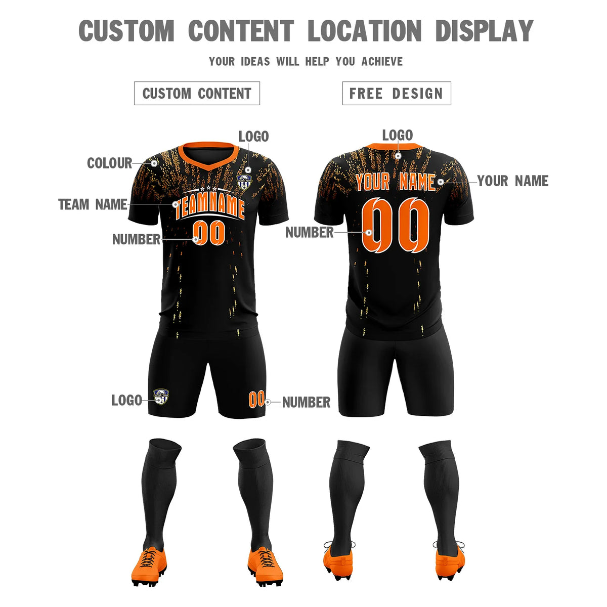 Custom Black Orange Fireworks gradient Sport Soccer Sets Jersey
