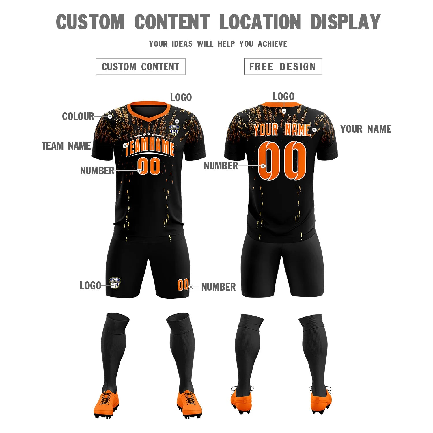 Custom Black Orange Fireworks gradient Sport Soccer Sets Jersey