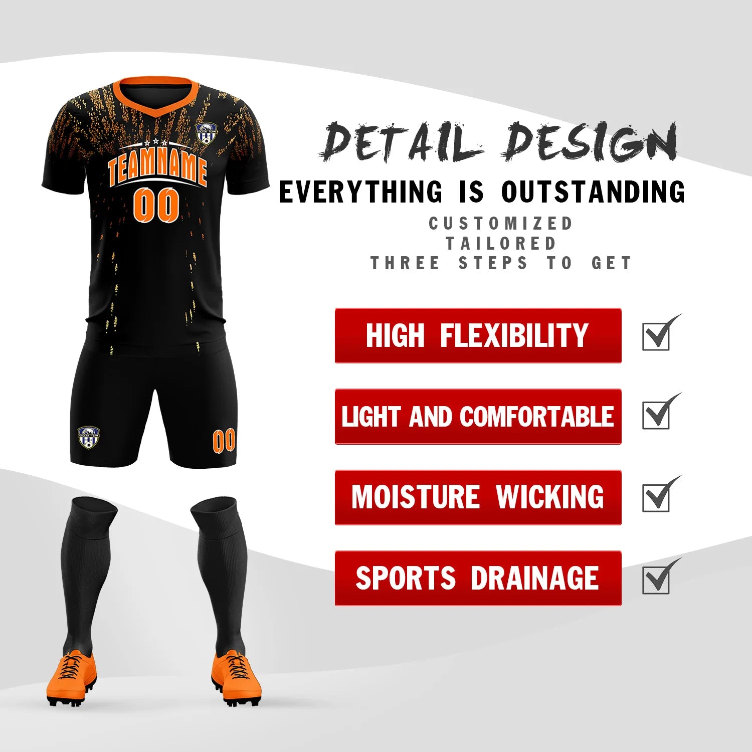 Custom Black Orange Fireworks gradient Sport Soccer Sets Jersey