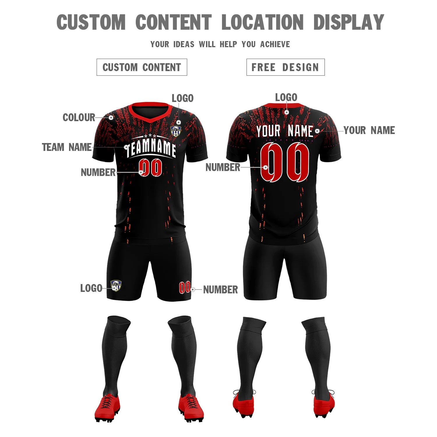 Custom Black Red Fireworks gradient Sport Soccer Sets Jersey