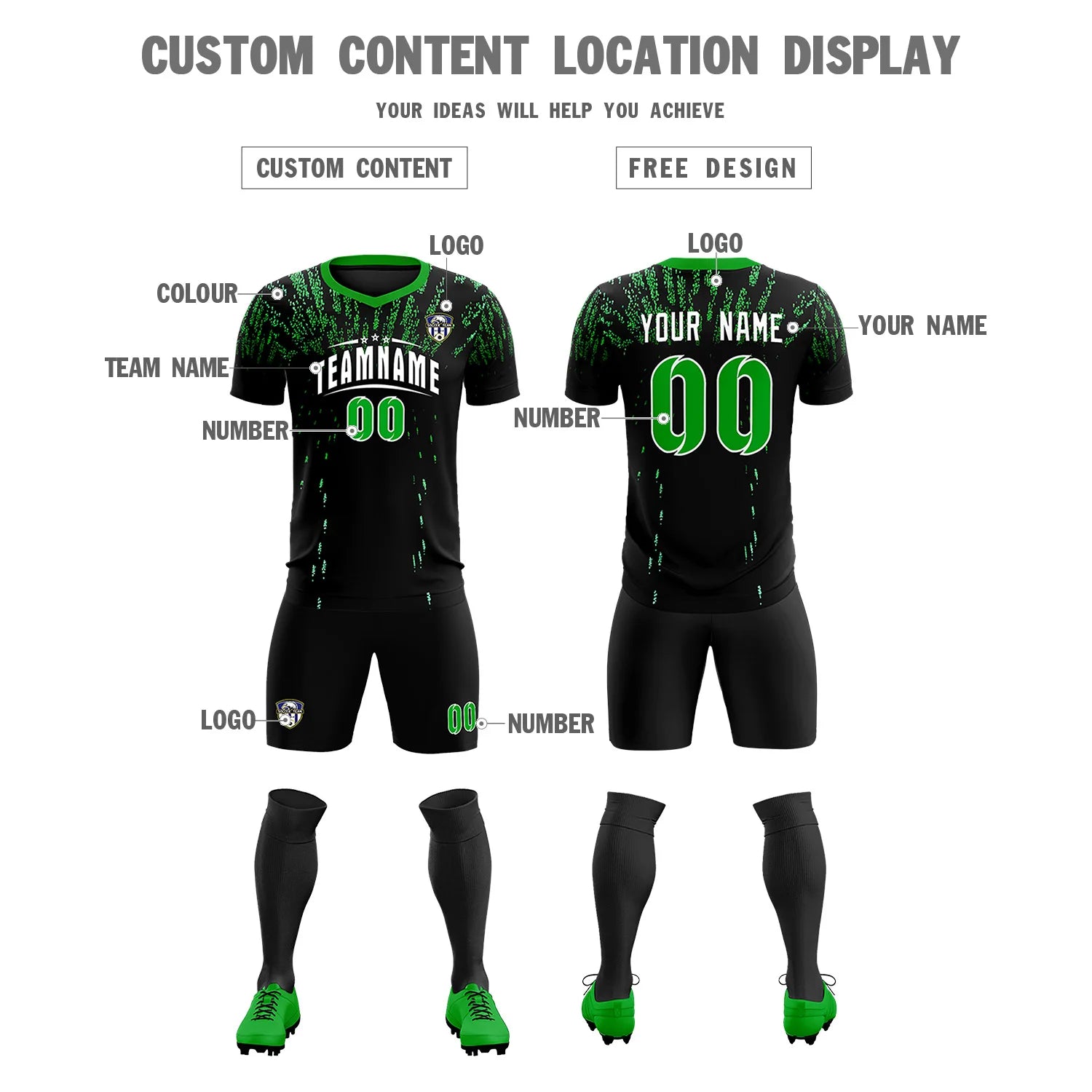 Custom Black Kelly Green Fireworks gradient Sport Soccer Sets Jersey