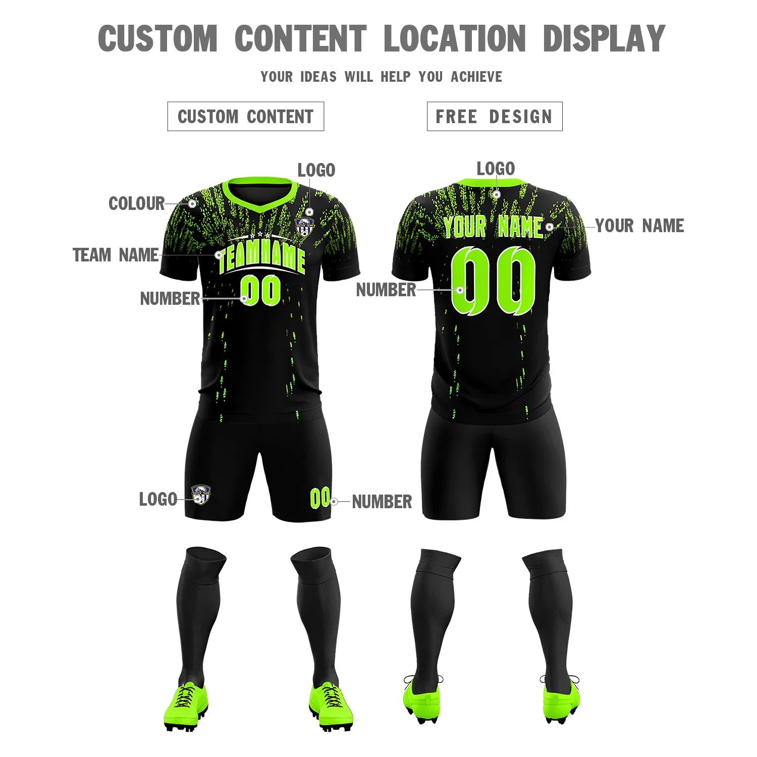 Custom Black Neon Green Fireworks gradient Sport Soccer Sets Jersey