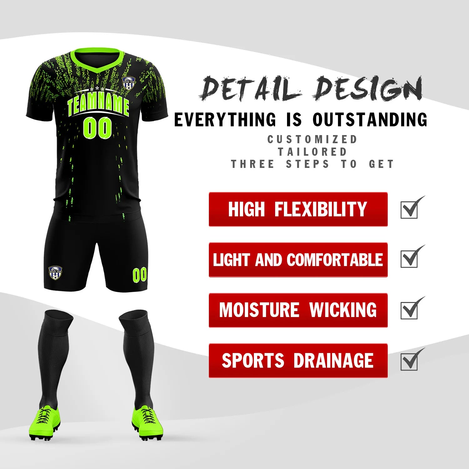 Custom Black Neon Green Fireworks gradient Sport Soccer Sets Jersey