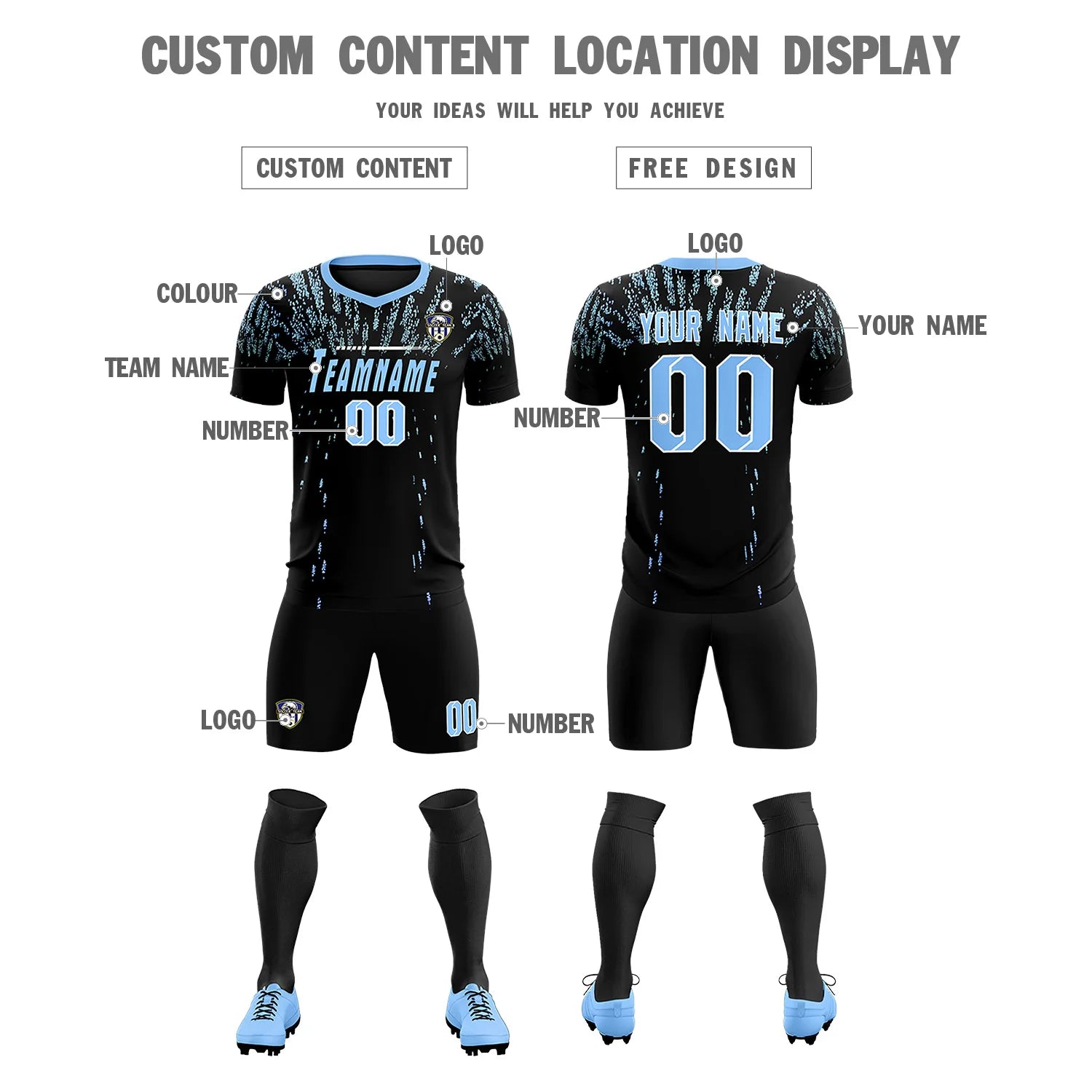 Custom Black Light Blue Fireworks gradient Sport Soccer Sets Jersey