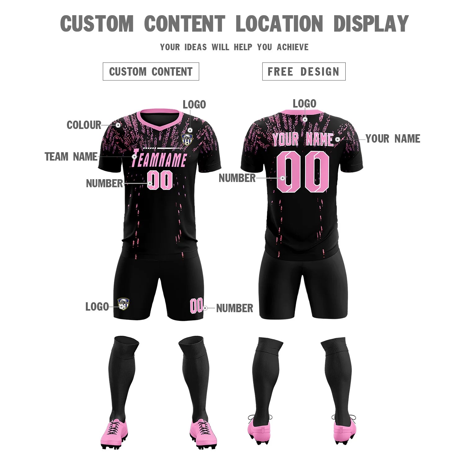 Custom Black Light Pink Fireworks gradient Sport Soccer Sets Jersey