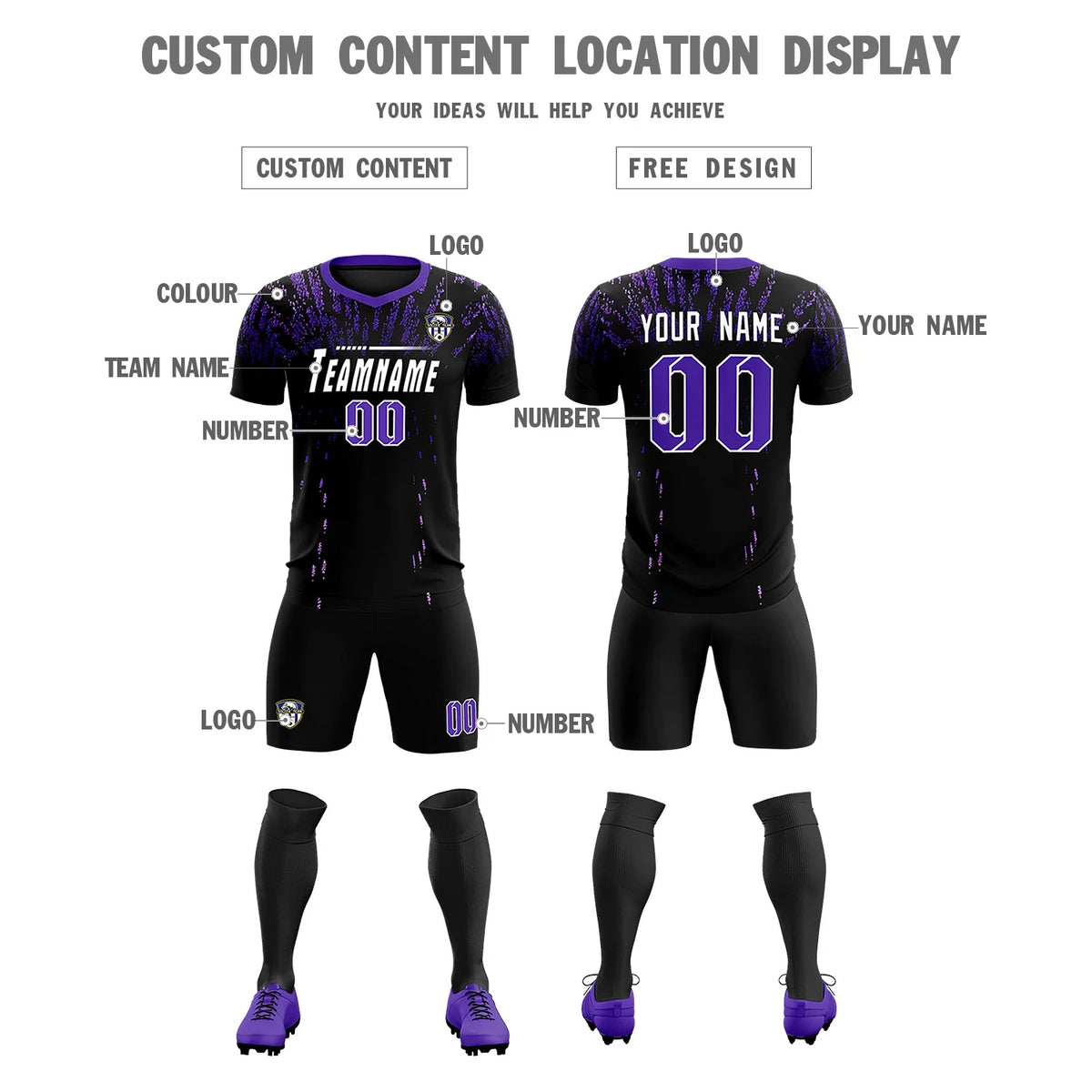 Custom Black Purple Fireworks gradient Sport Soccer Sets Jersey