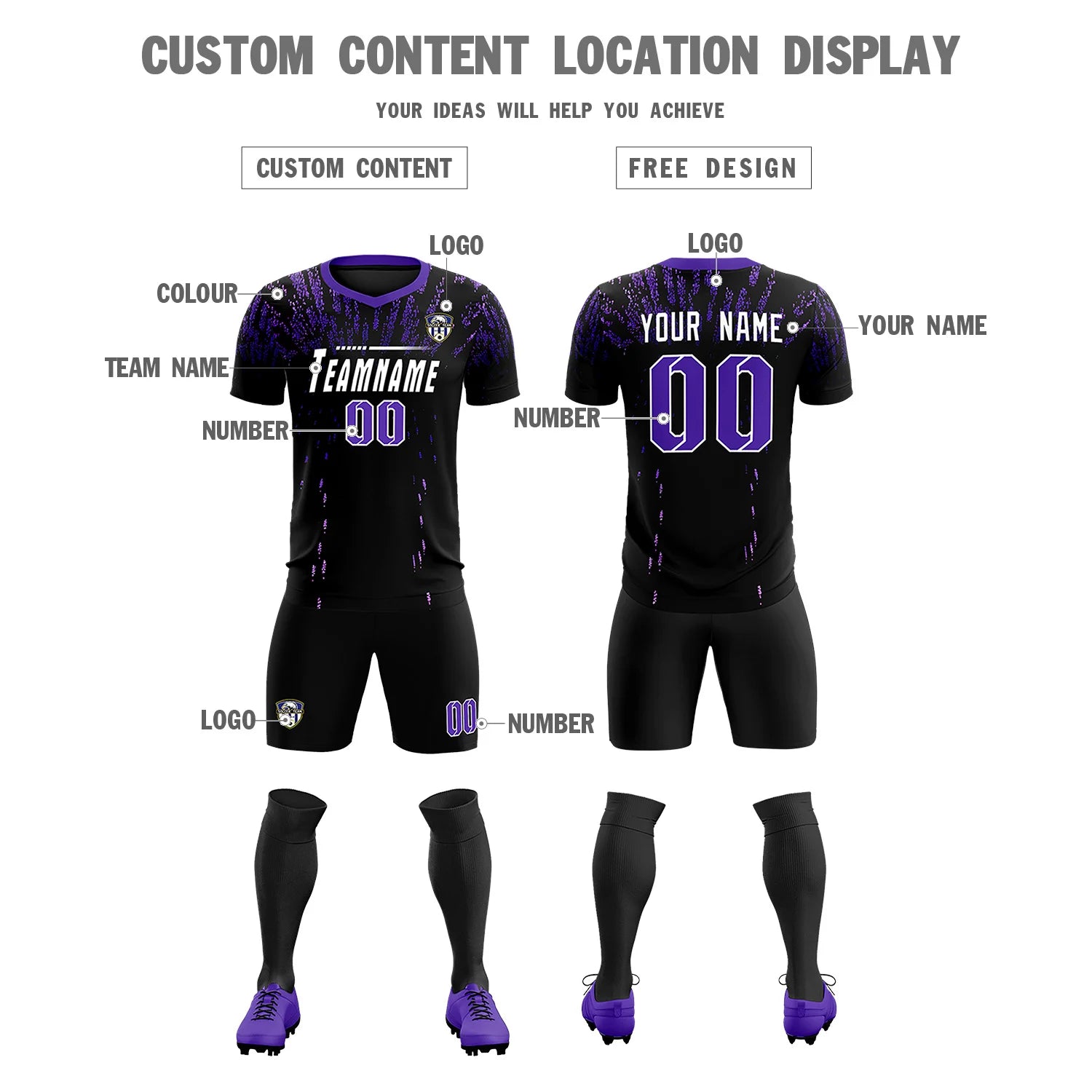 Custom Black Purple Fireworks gradient Sport Soccer Sets Jersey