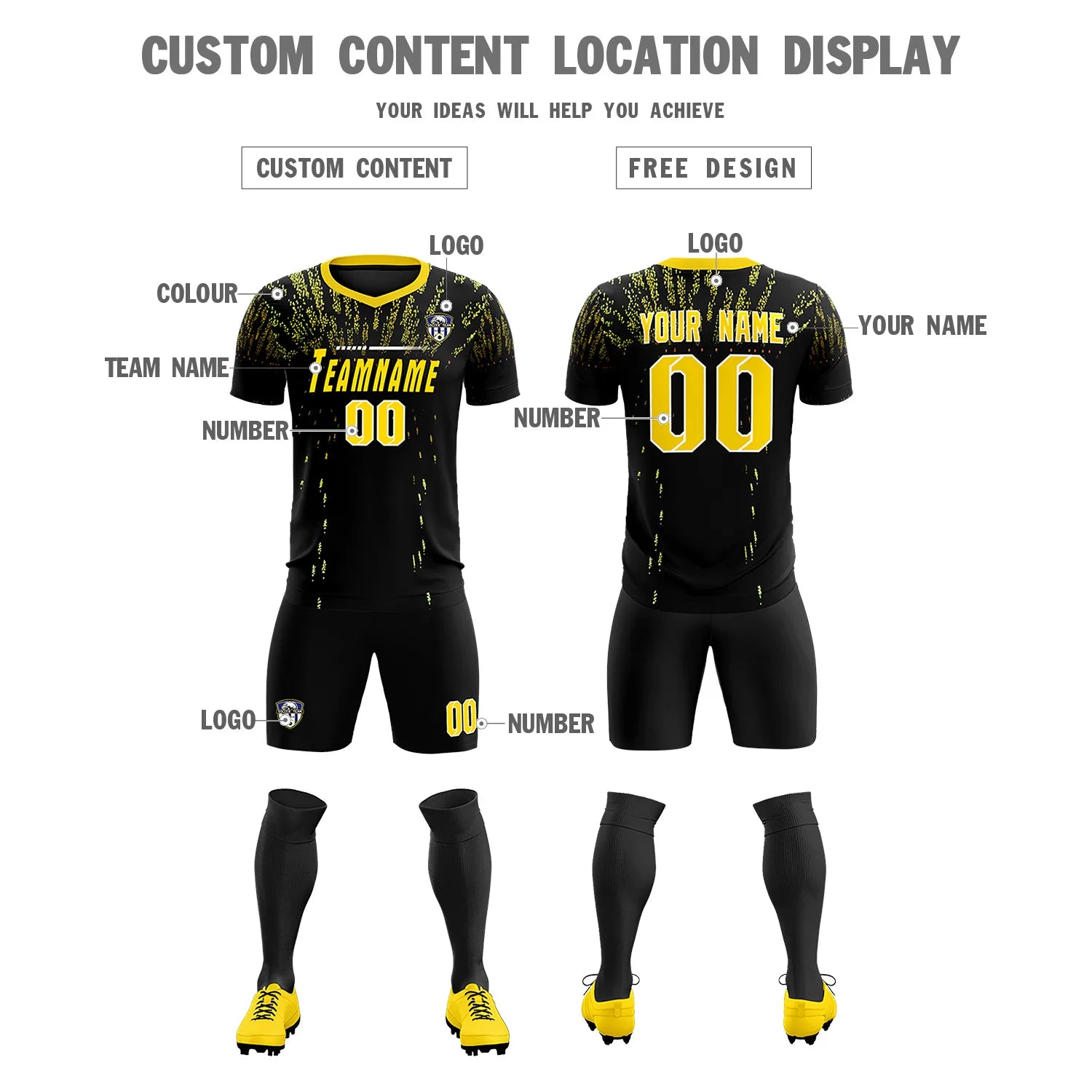 Custom Black Gold Fireworks gradient Sport Soccer Sets Jersey