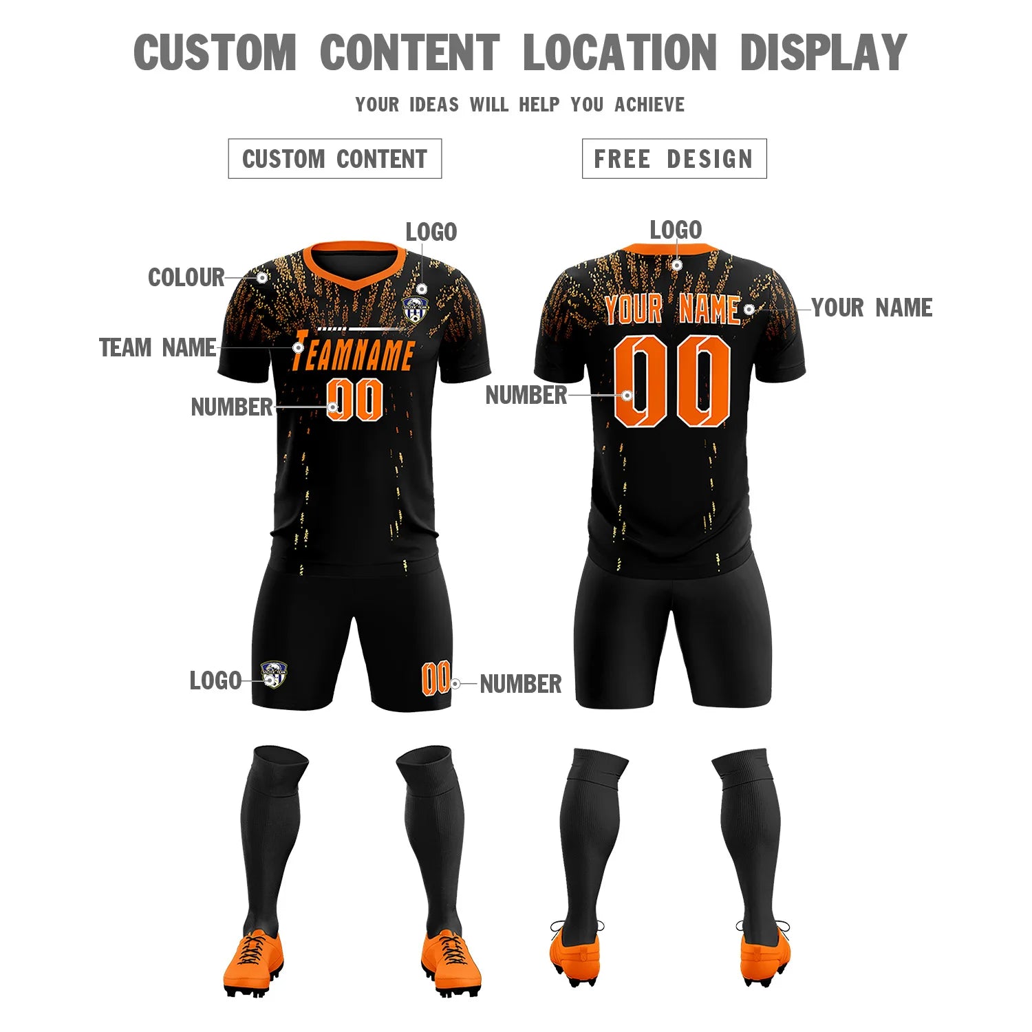 Custom Black Orange Fireworks gradient Sport Soccer Sets Jersey