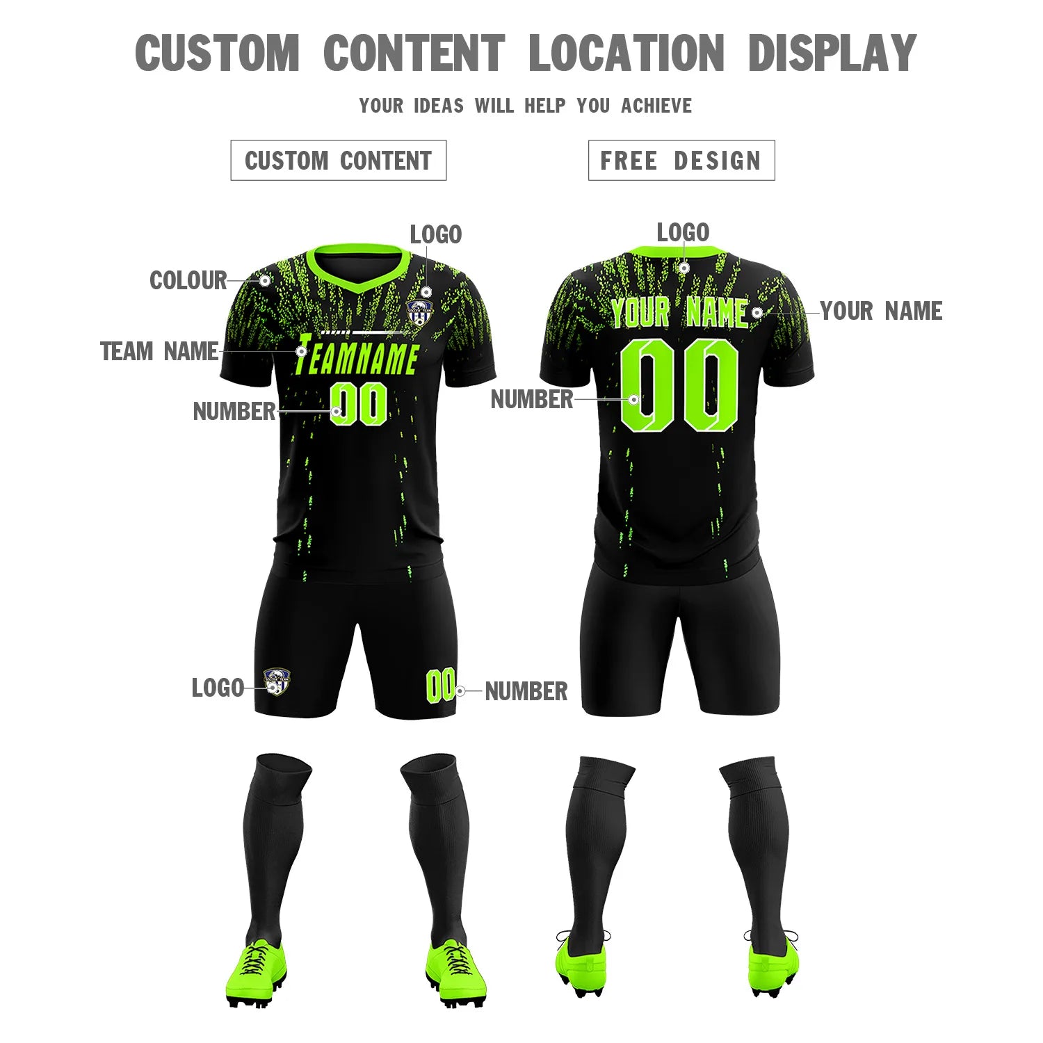 Custom Black Neon Green Fireworks gradient Sport Soccer Sets Jersey